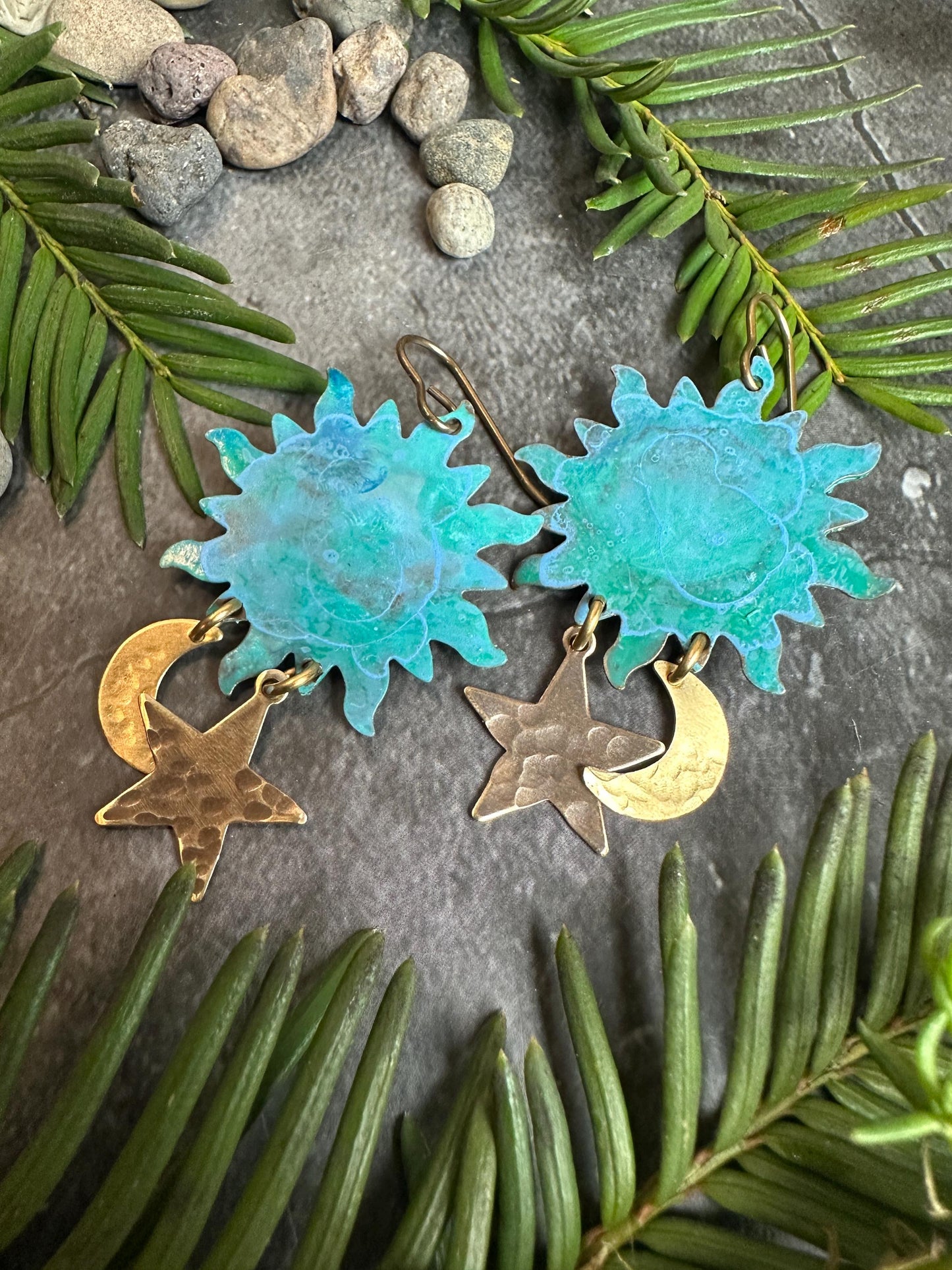 Celestial Sun Moon & Stars Earrings - Handmade Solid Beaten Brass Hand Patina