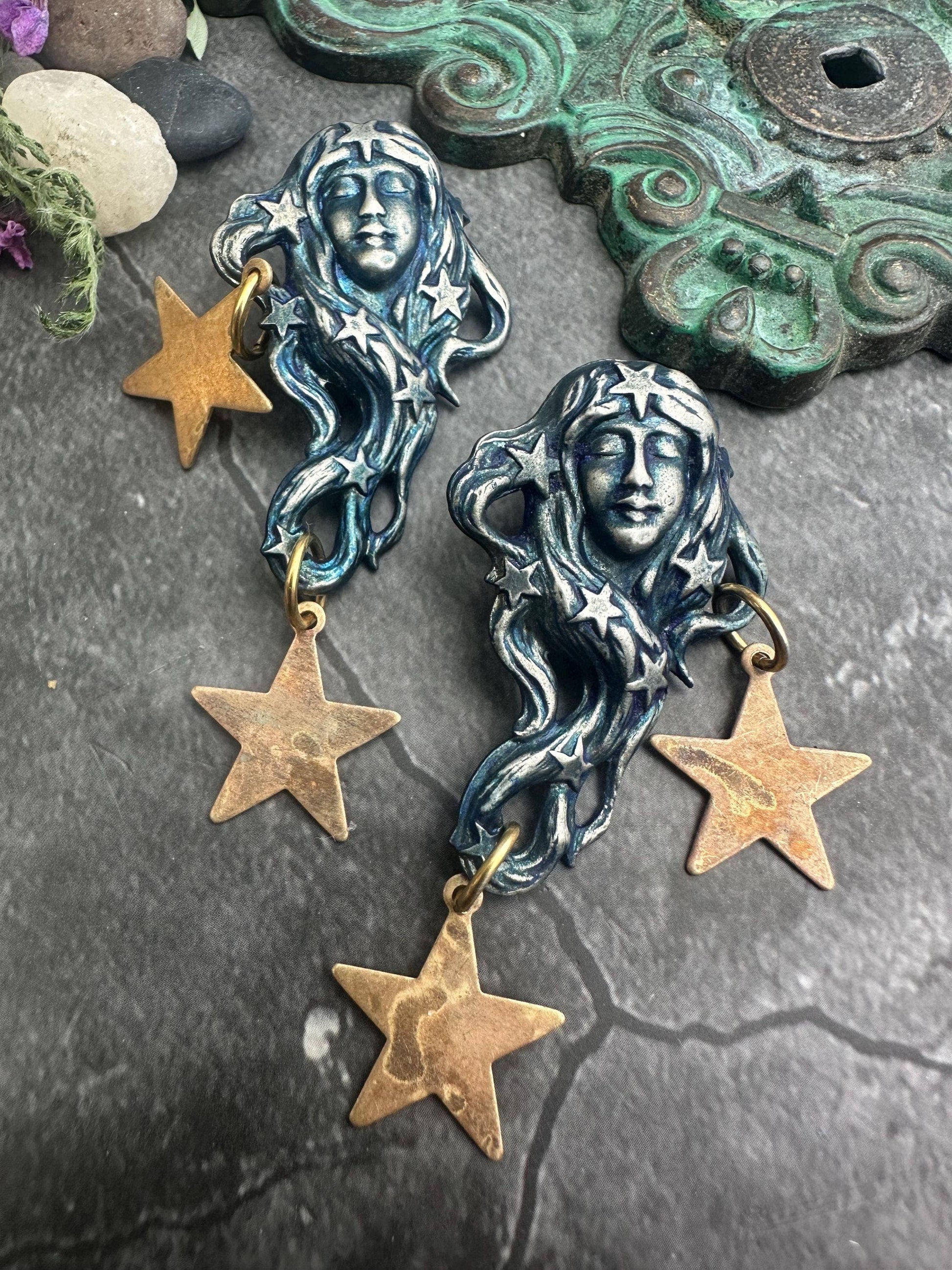 Star Maiden Earrings, Patina Face, Cosmic Goddess Statement