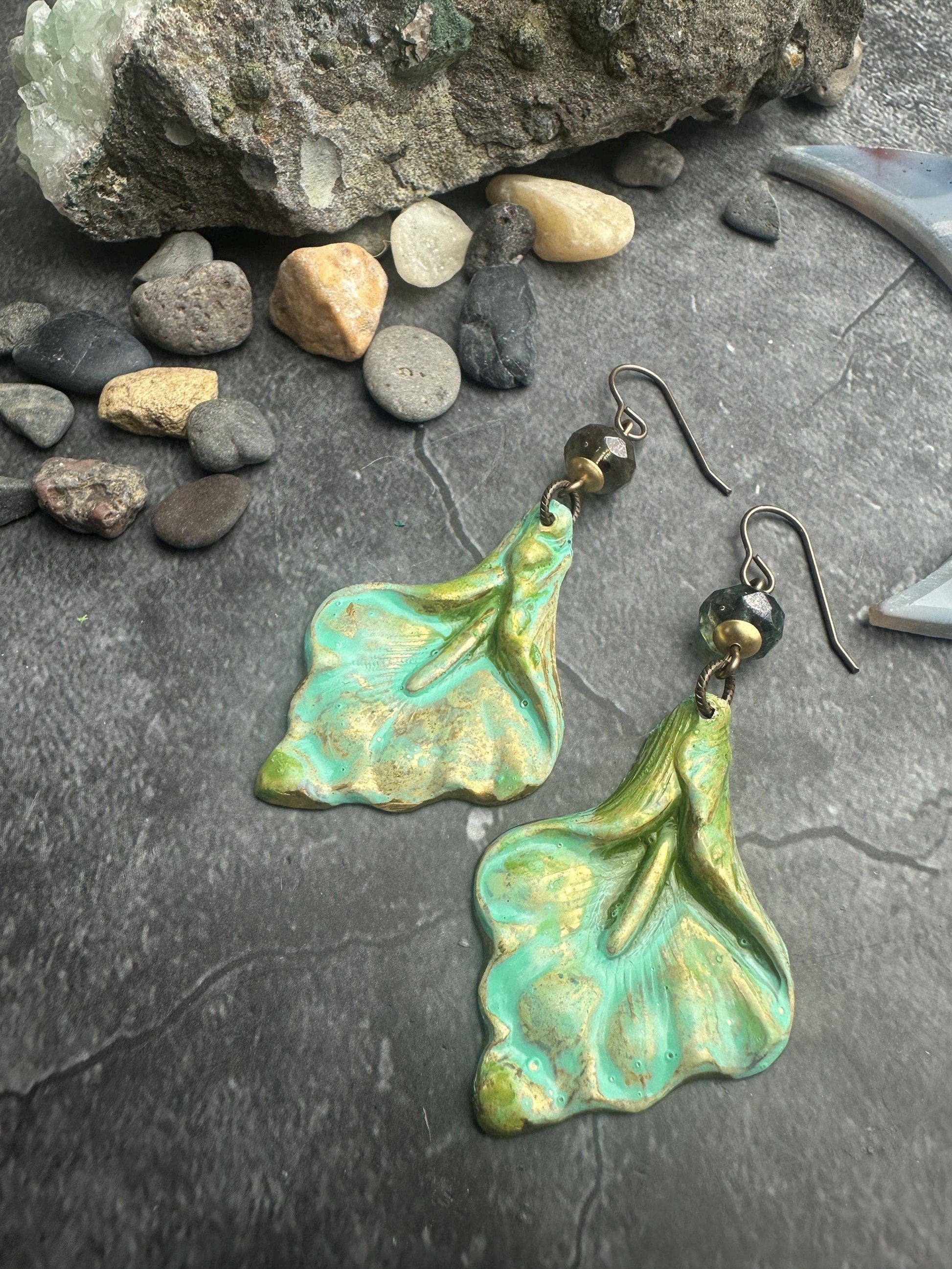 Gilded Lily Earrings- Handmade Solid Brass Green Patina