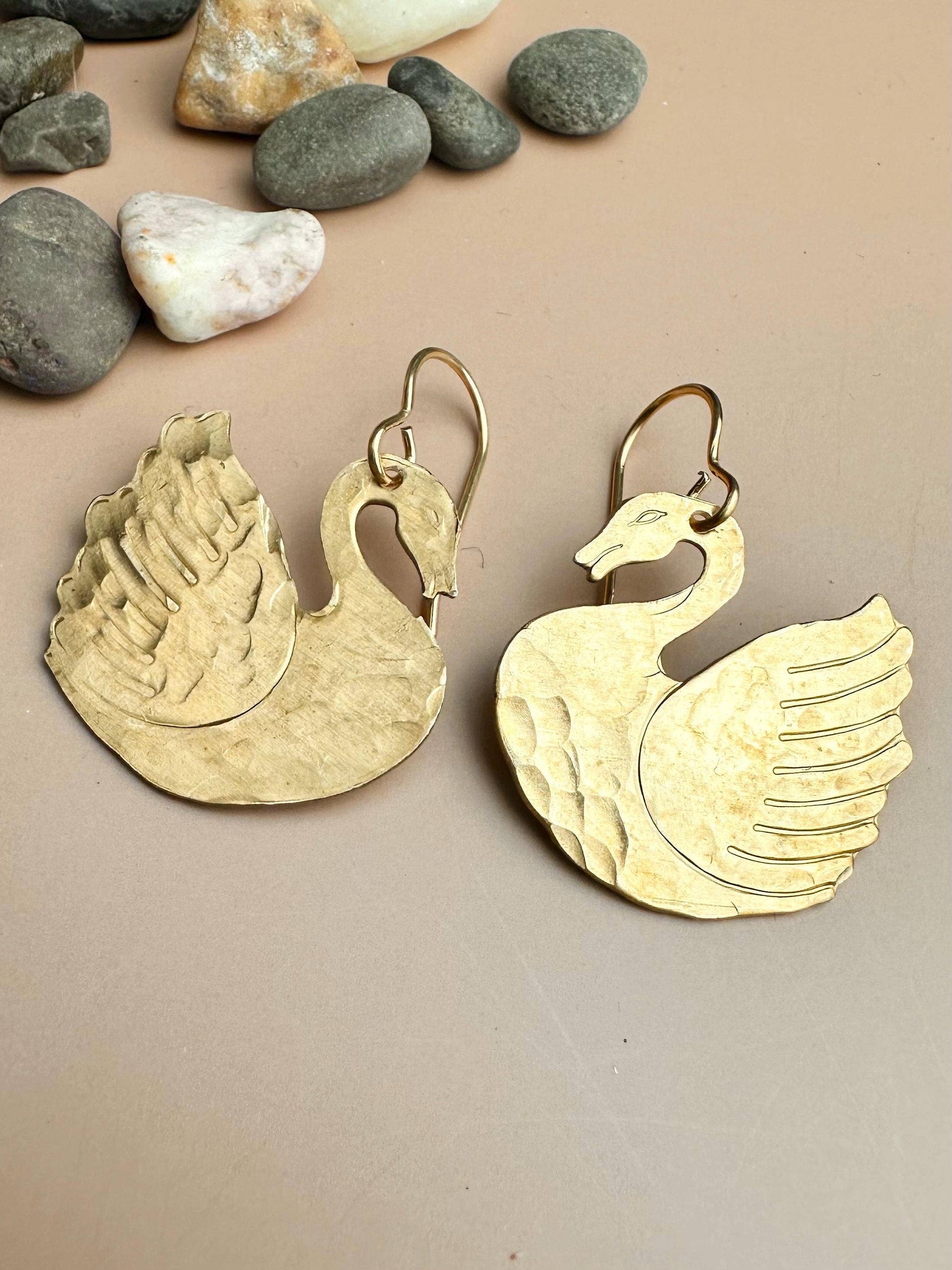 Signet Swan Earrings - Beaten Solid Brass