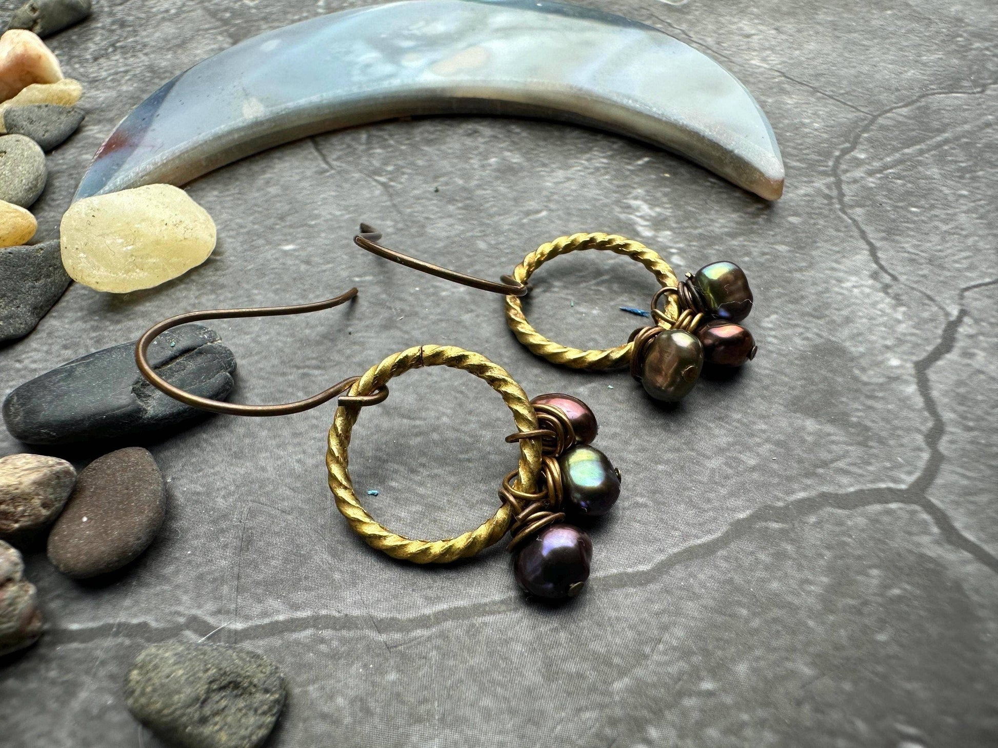 Peacock Pebble Earrings- Solid Brass Fresh water Pearl