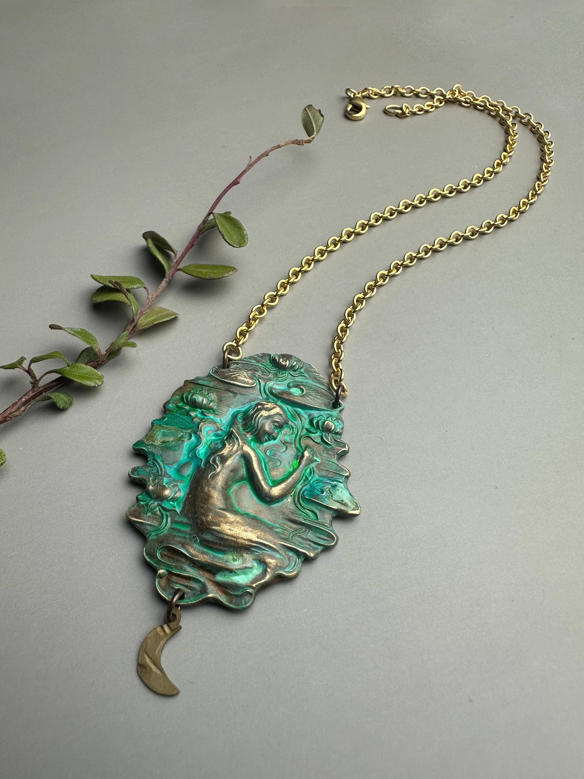 Art Nouveau Goddess Necklace - Verdigris Patina Pendant