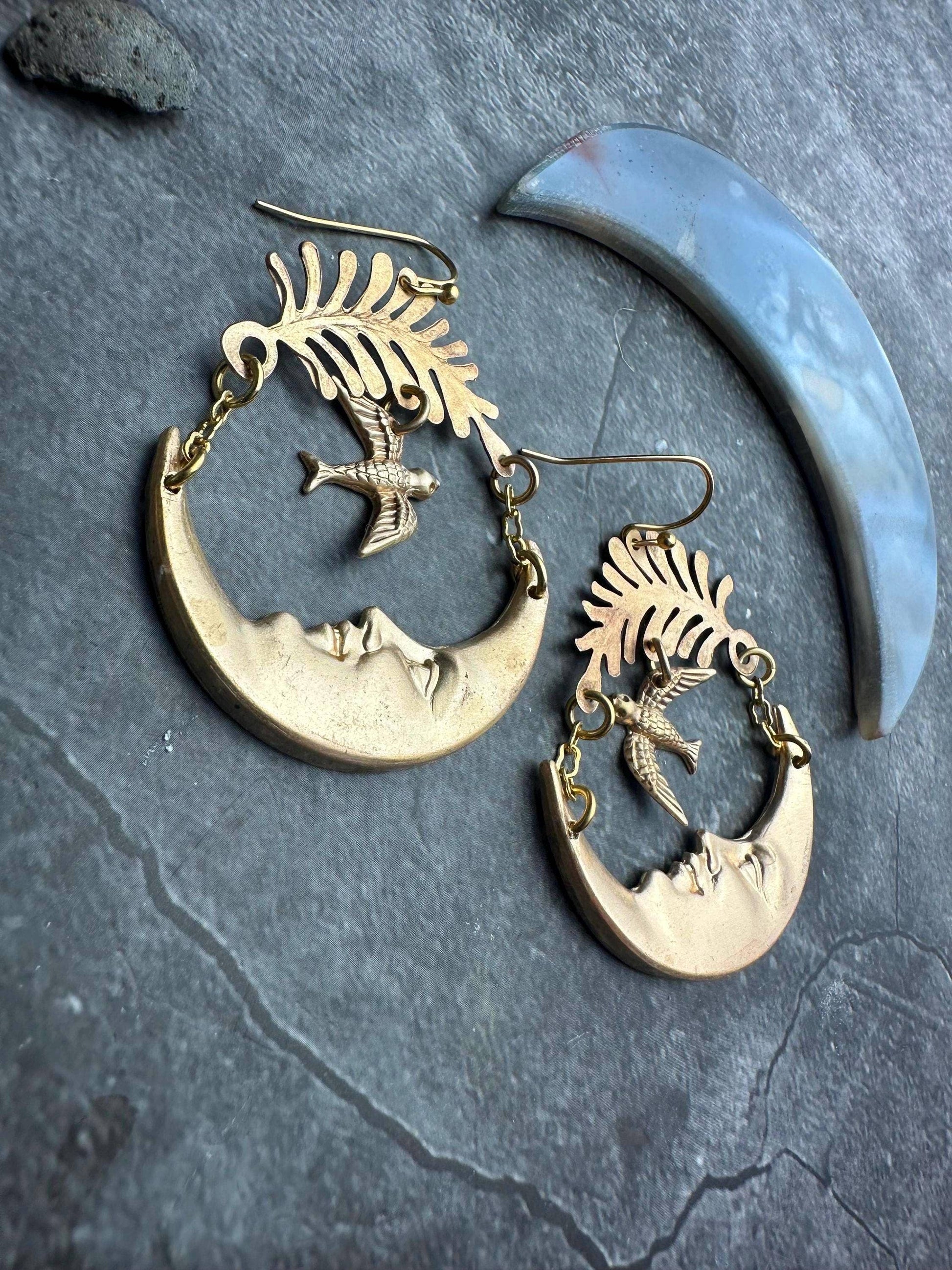 Luna Messenger Earrings - Crescent Moon Face with Bird