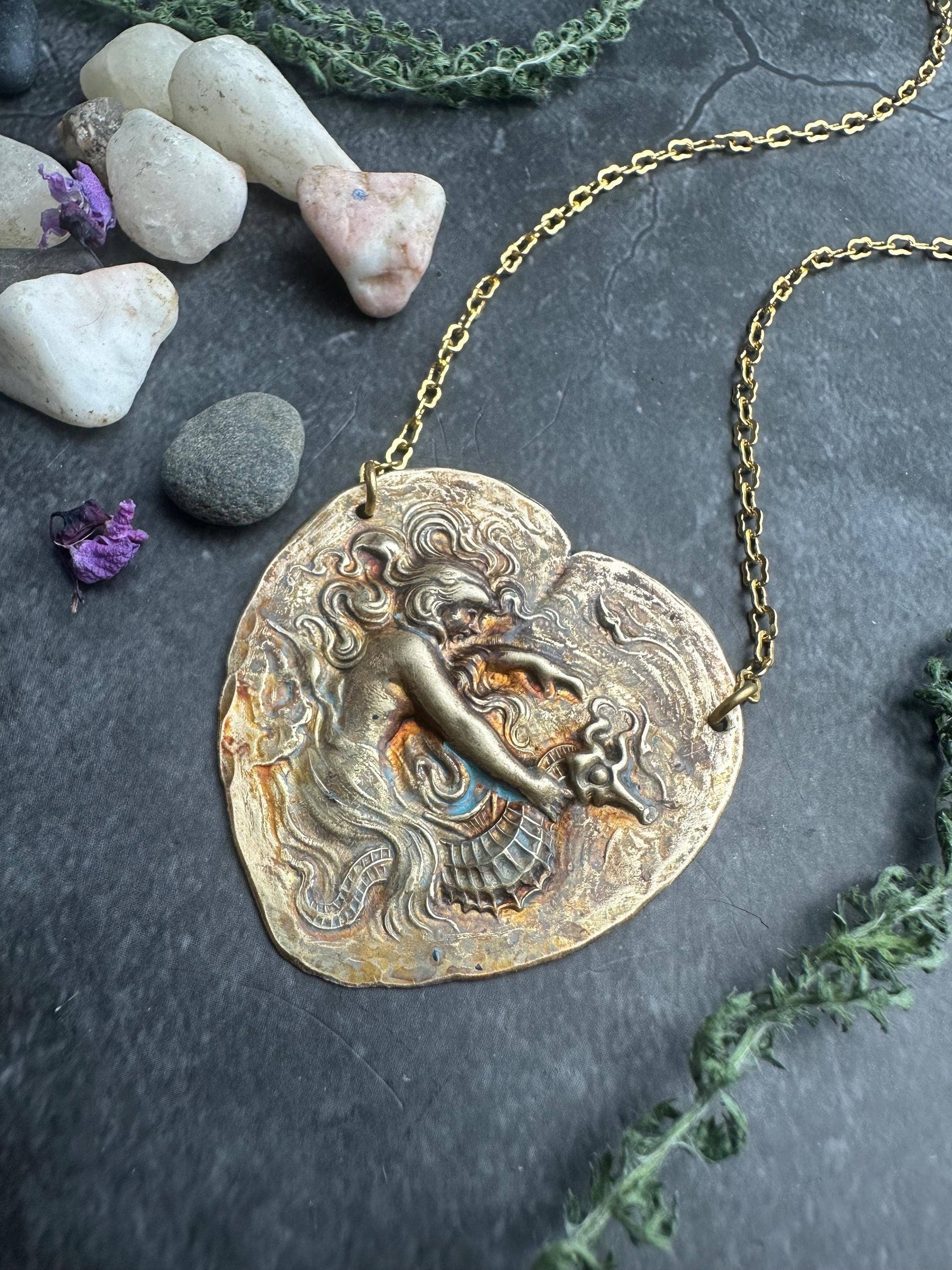 Art Nouveau Mermaid Necklace, Patina Brass Pendant, Ocean In