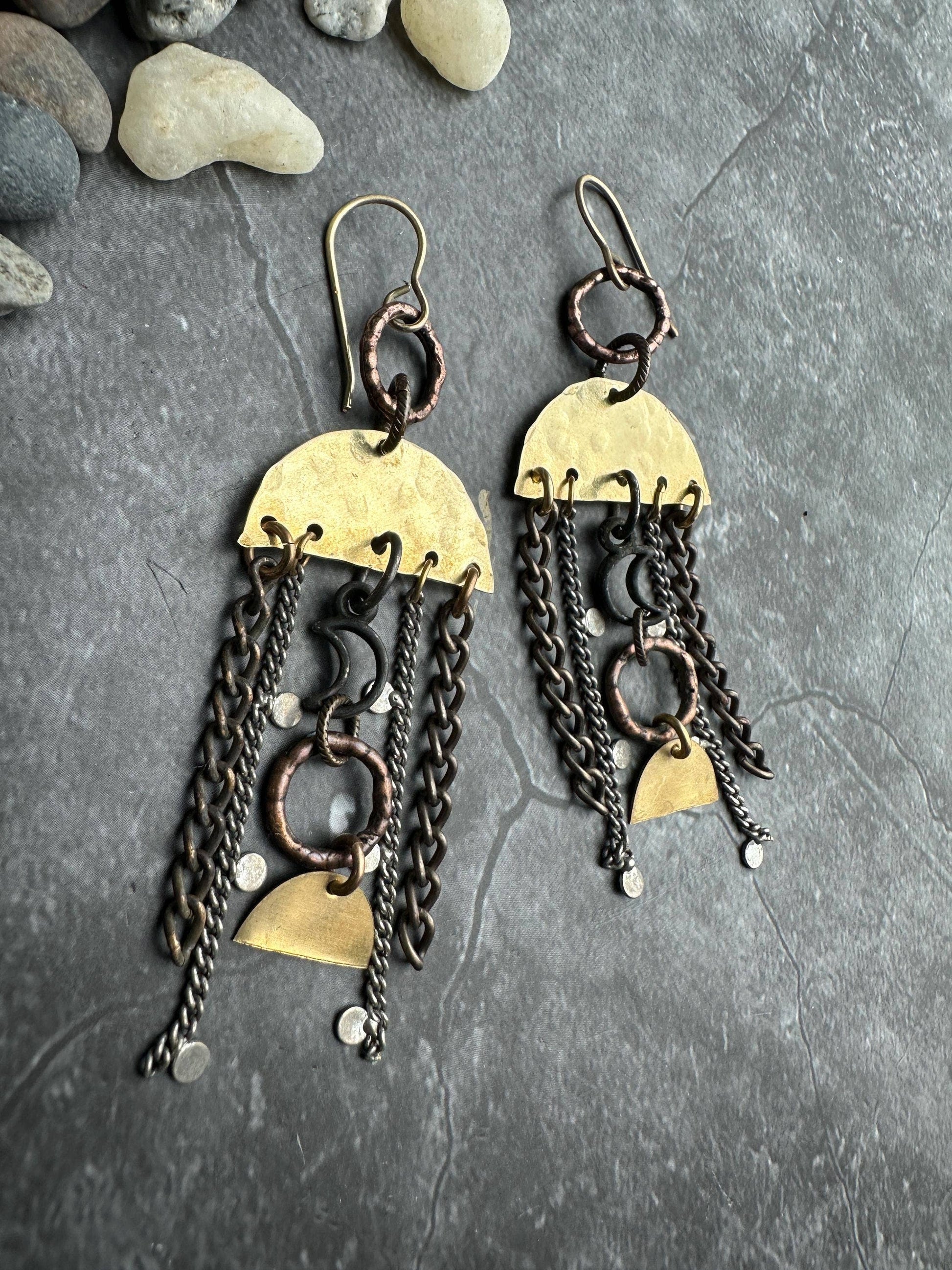 Lunar Landing Earrings- Handmade Hammered Brass & Silver ox