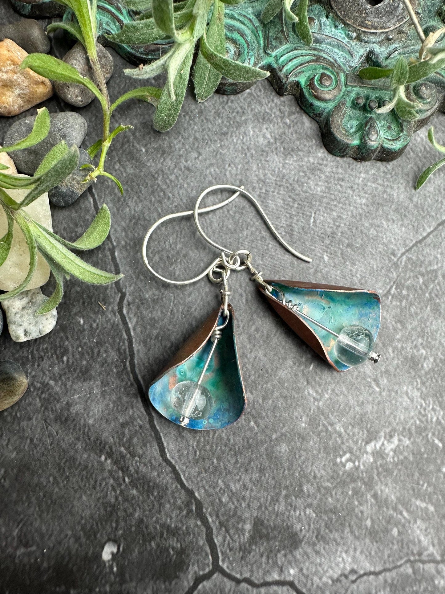 Patina Copper Lily Earrings - Crystal Quartz Bead Dangles