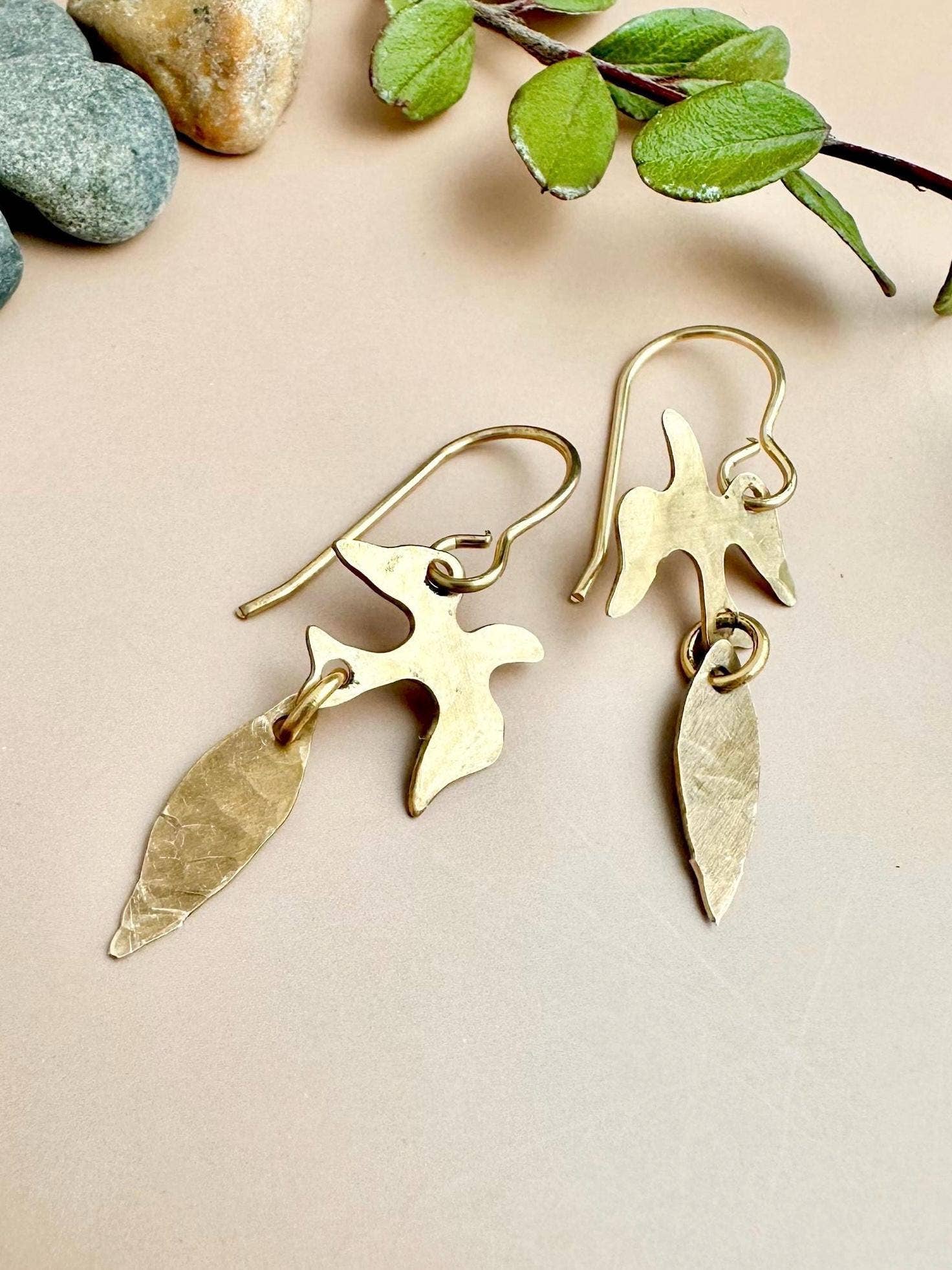 Willow Pond Bird Earrings Mini - Small Brass Leaf Dangles