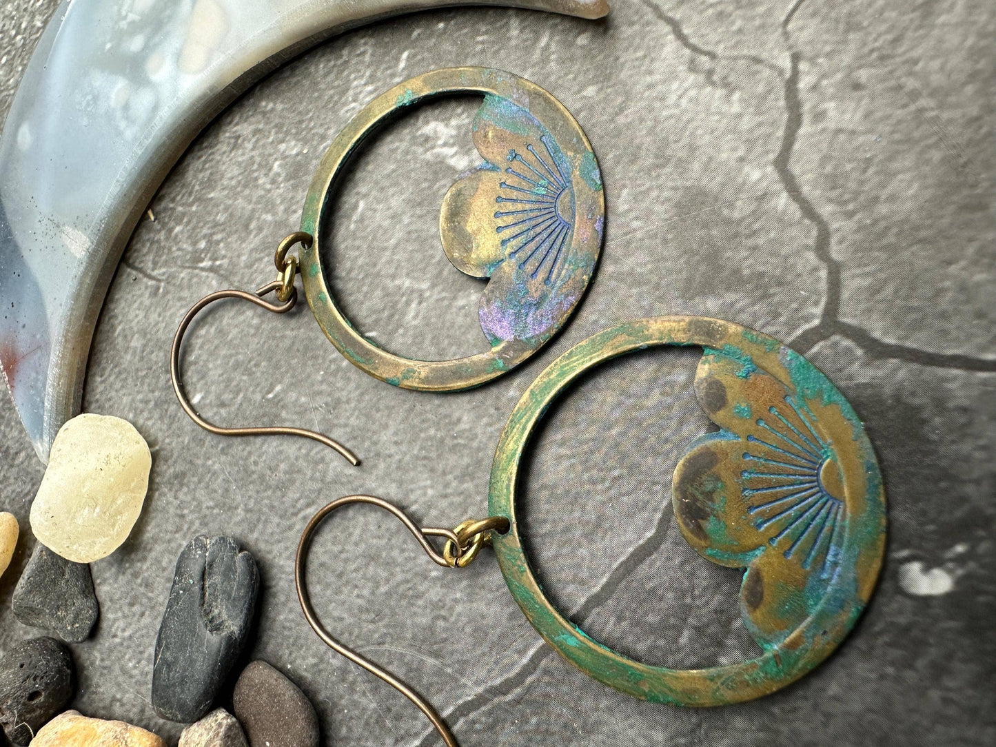Flower Hoop Earrings- Handmade Solid Brass Hand Patina