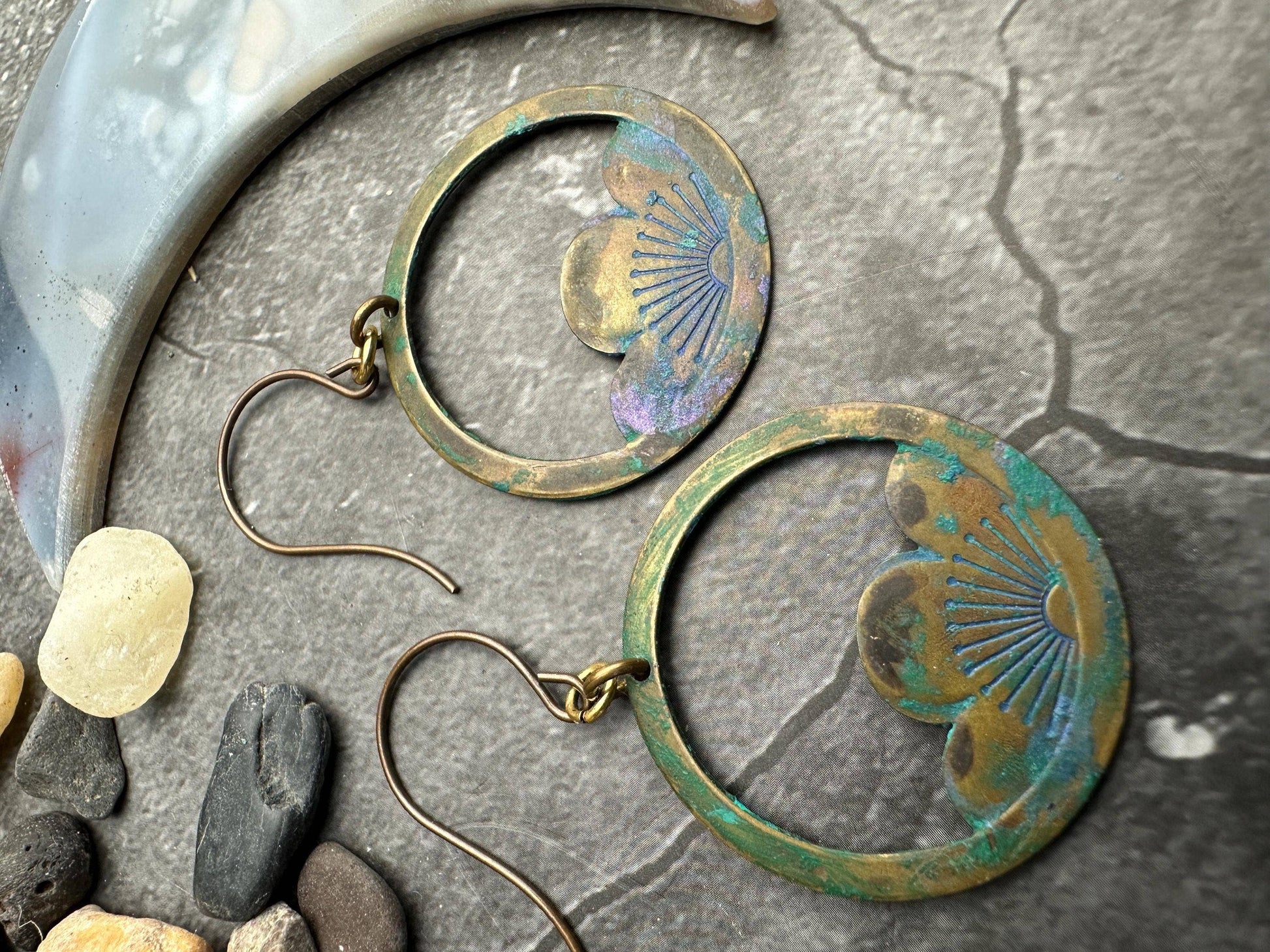 Flower Hoop Earrings- Handmade Solid Brass Hand Patina