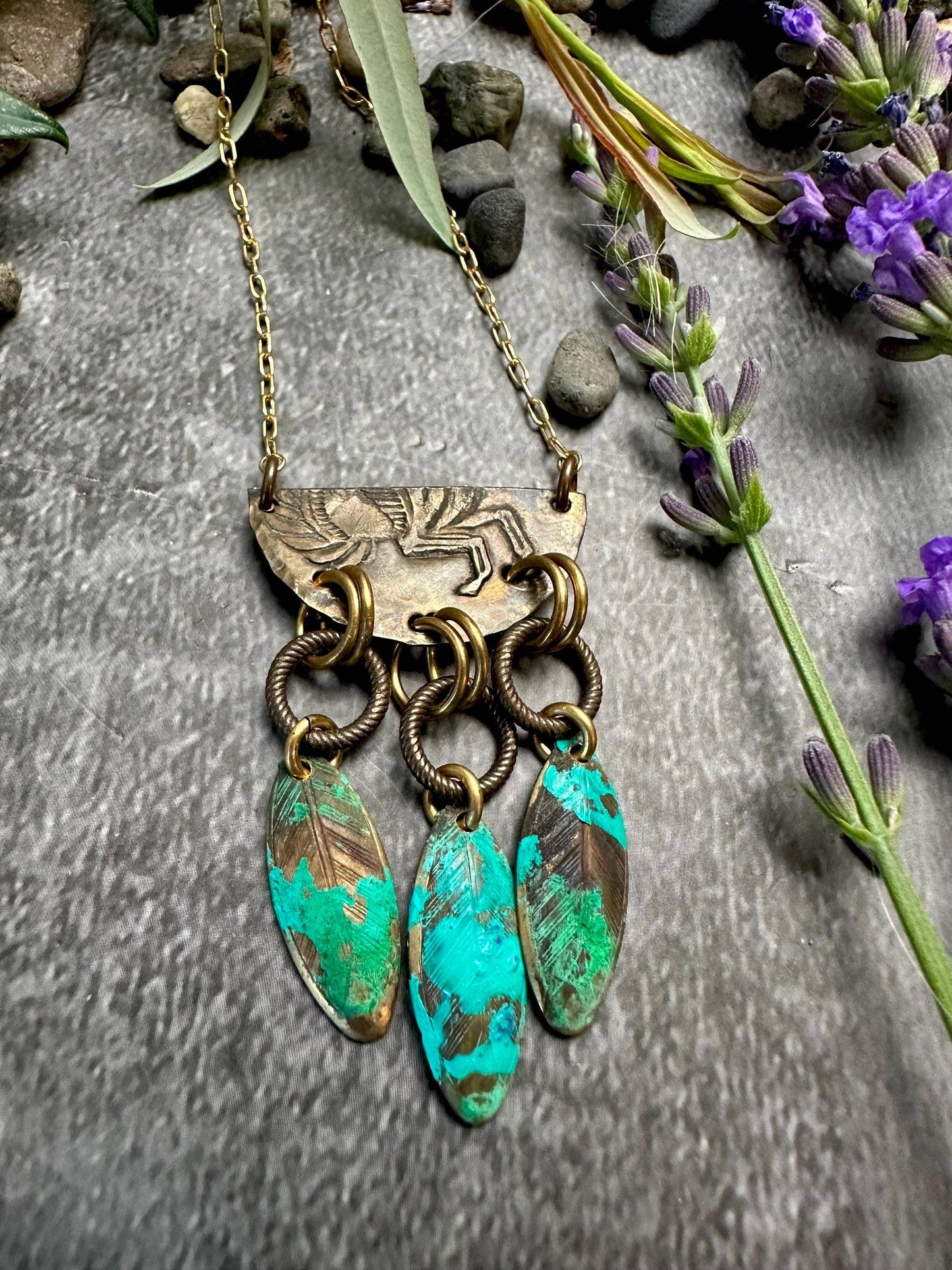 Lotus Petal Necklace - Brass with Green Patina