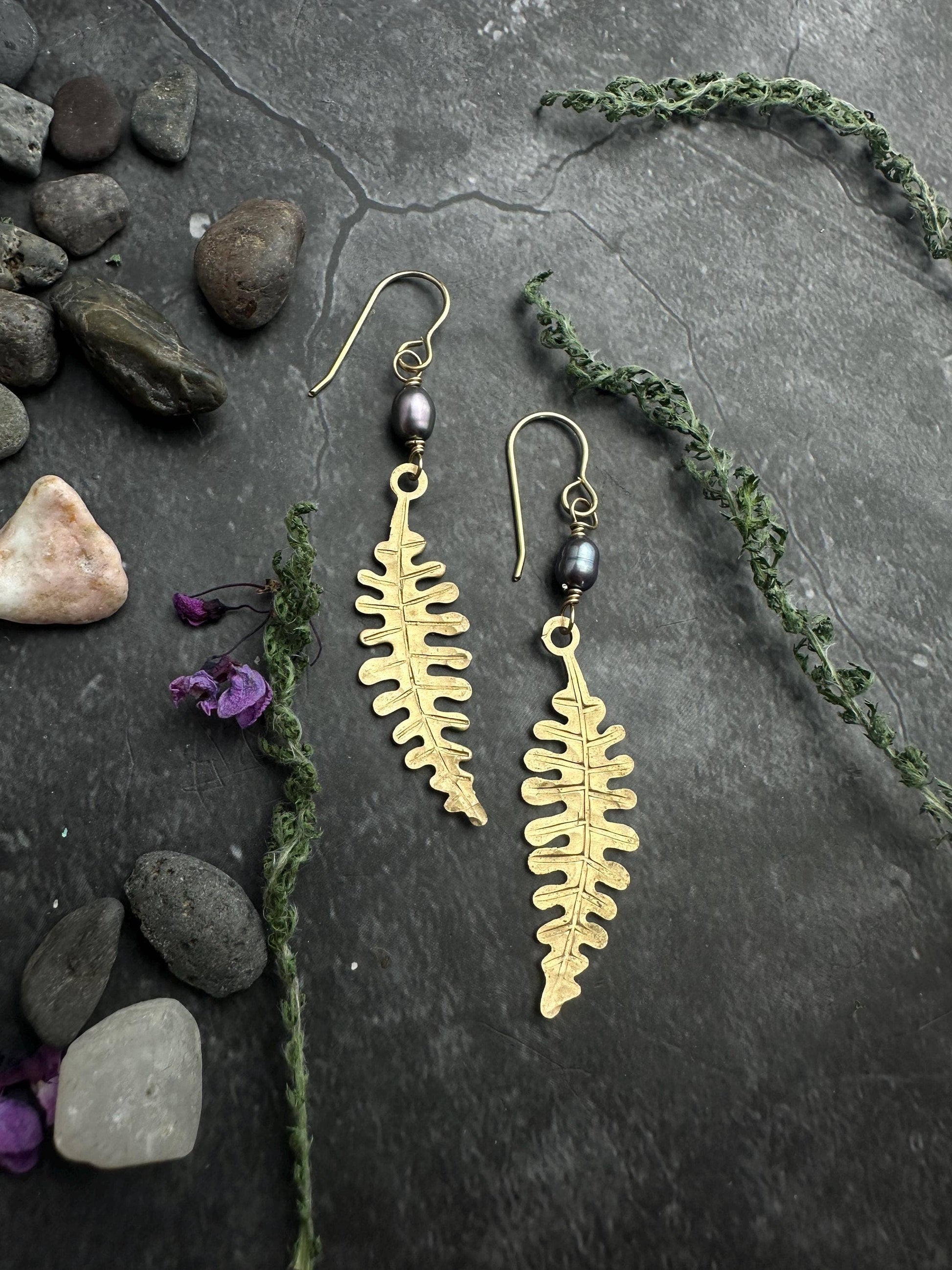 Fern Leaf Dangle Earrings, Hammered Brass, Pearl Botanical