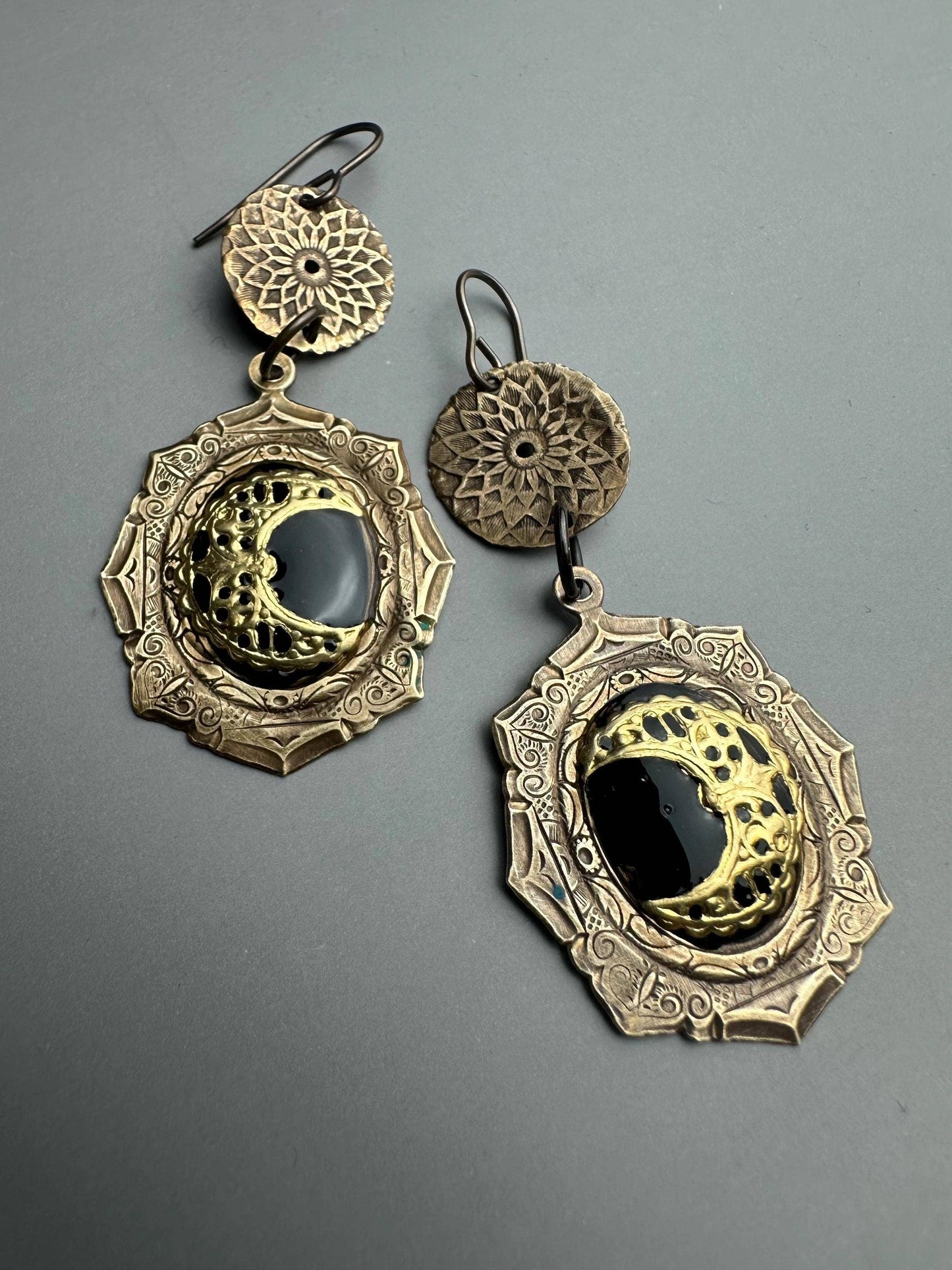 Ornate Crescent Moon Earrings with Black Resin