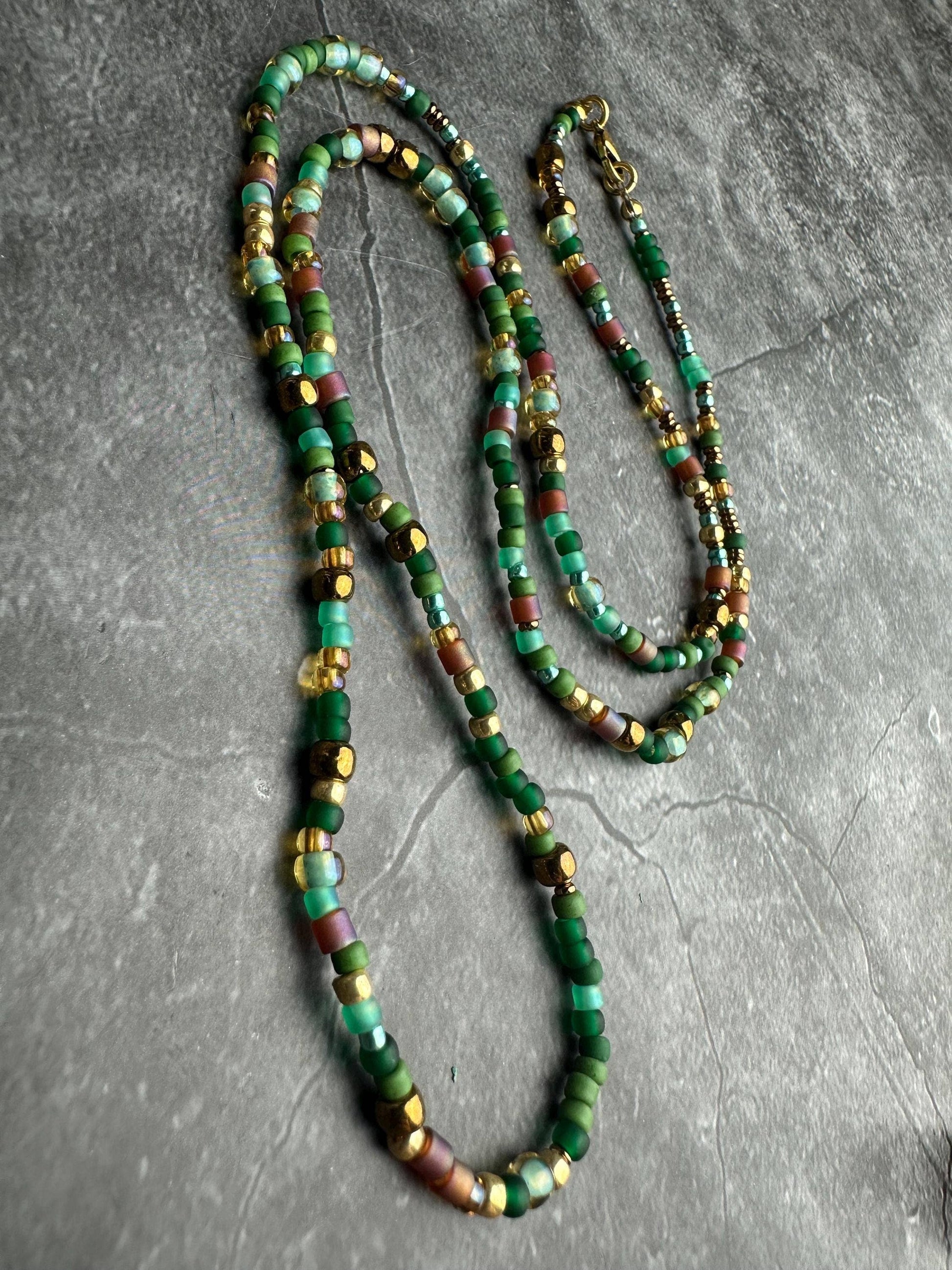 Seed Bead Necklace - Green Brown Layering Necklace