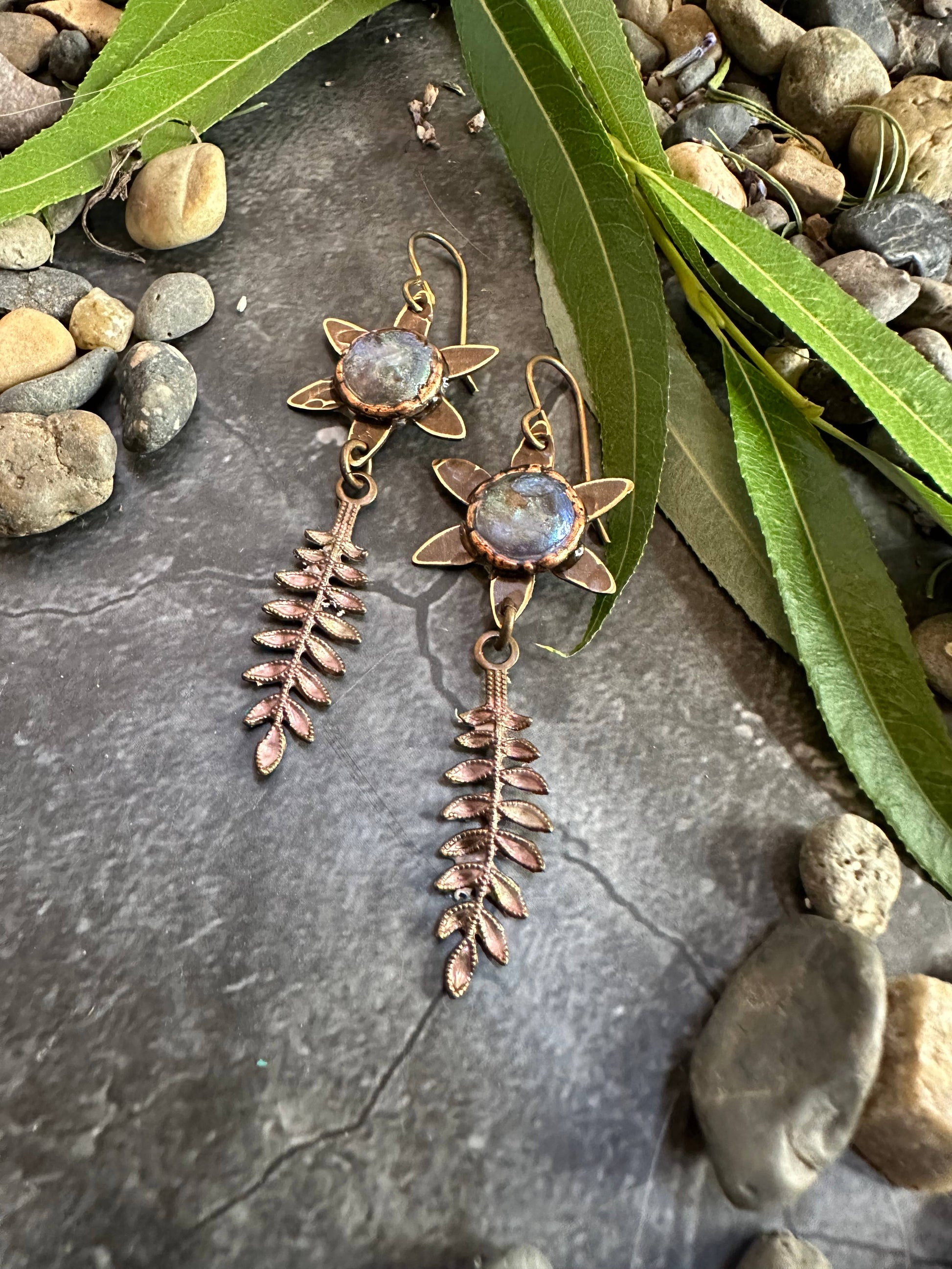 Dewdrop Fern Forest Earrings- Handmade Iridescent Patina