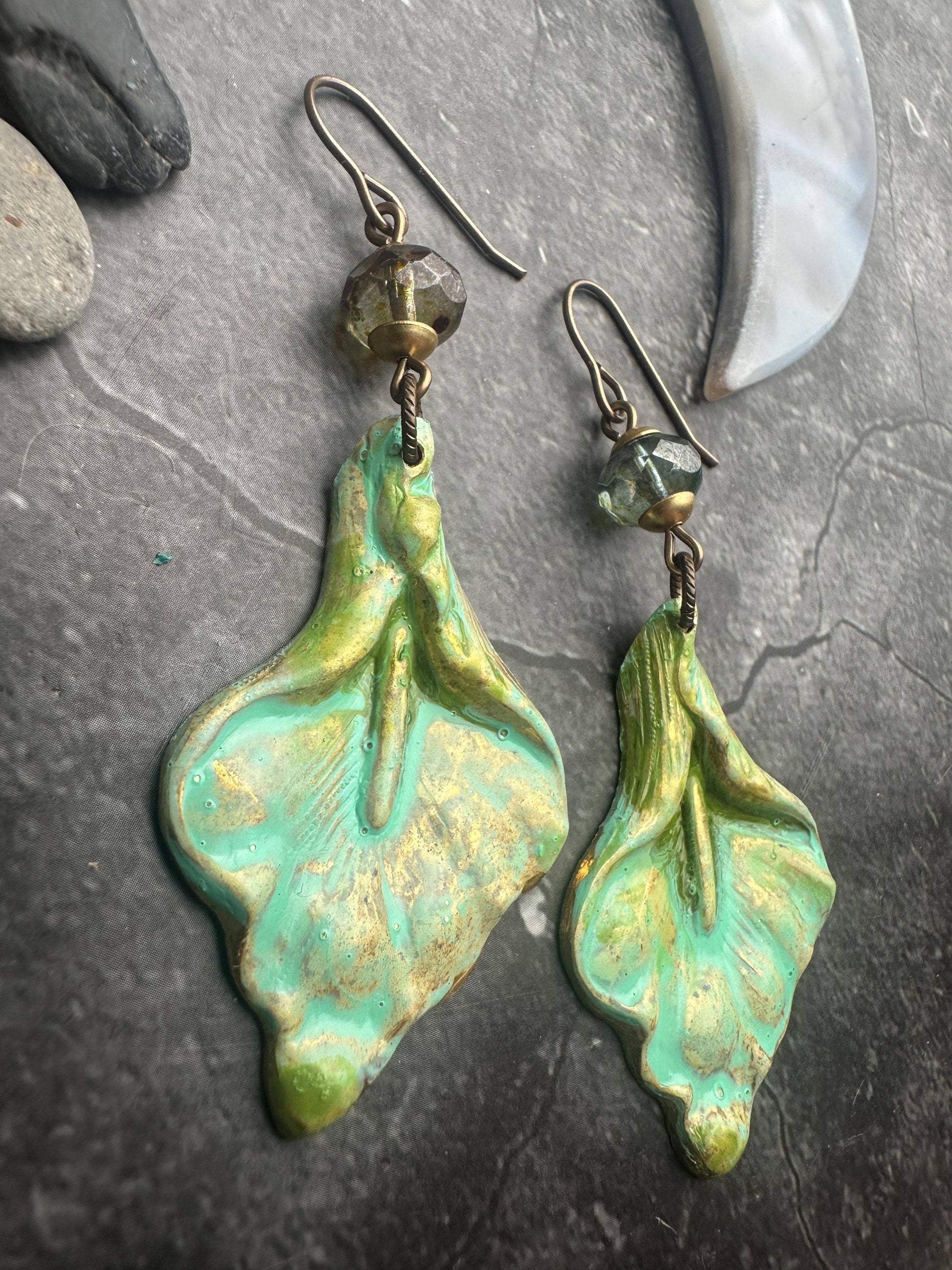 Gilded Lily Earrings- Handmade Solid Brass Green Patina