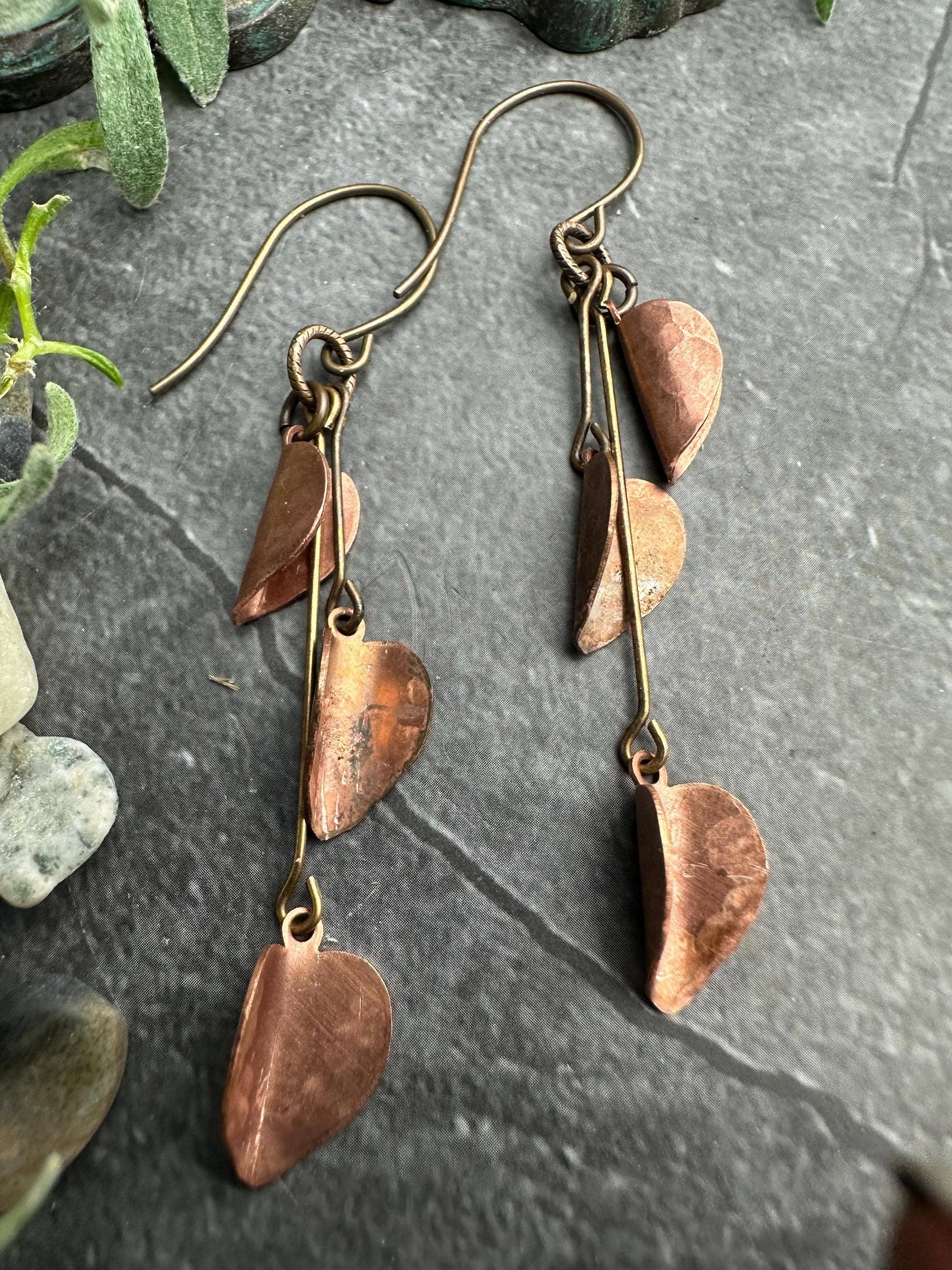 Copper Leaf Cascade Earrings - Rustic Copper Dangles