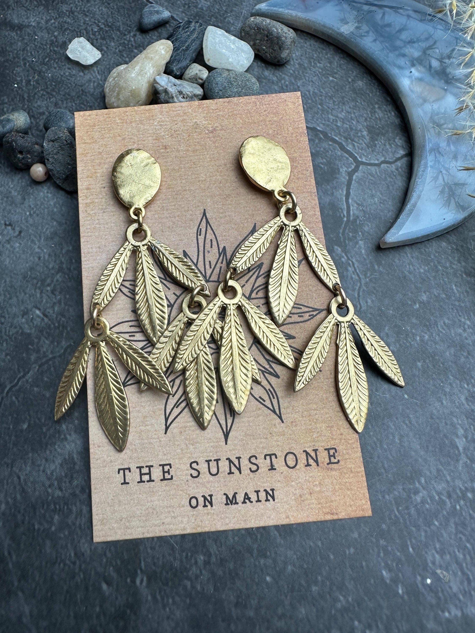 Palm leaf Post Dangle Earrings- Handmade Beaten Solid Brass