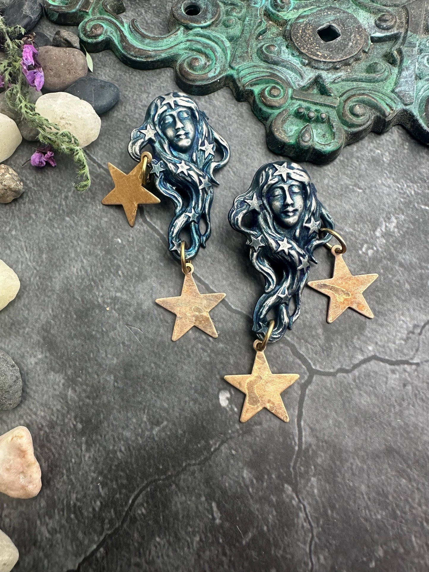 Star Maiden Earrings, Patina Face, Cosmic Goddess Statement