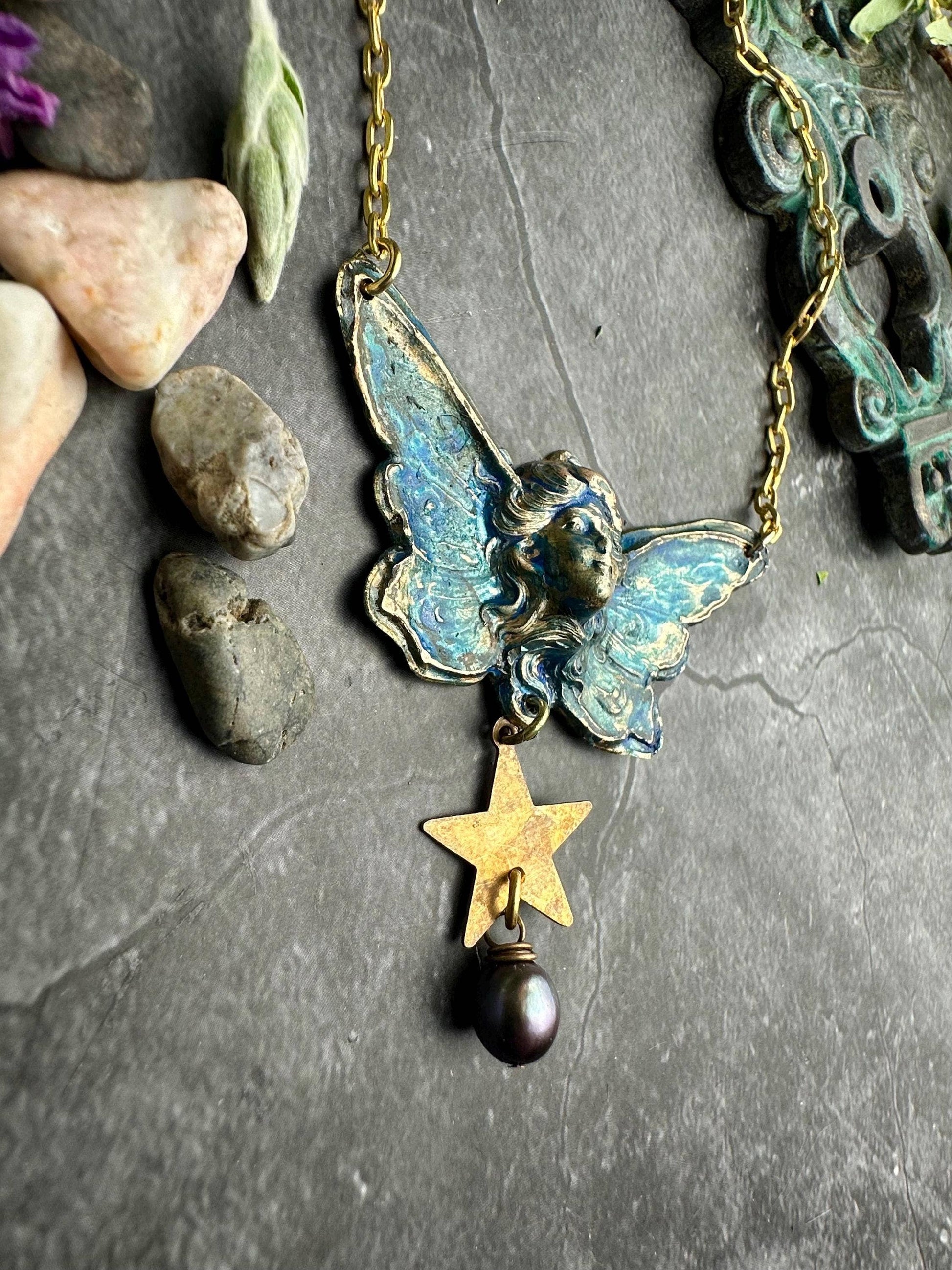 Butterfly Goddess Necklace, Art Nouveau Brass Patina Pendant