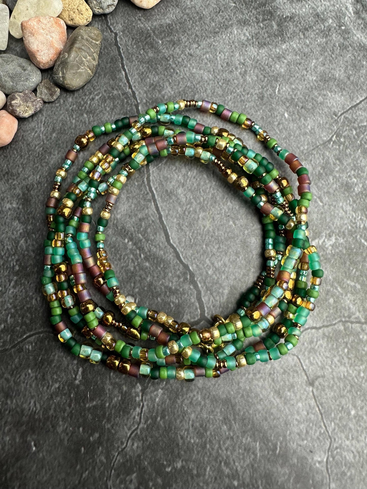 Seed Bead Wrap Bracelet - Green Brown Layering Bracelet