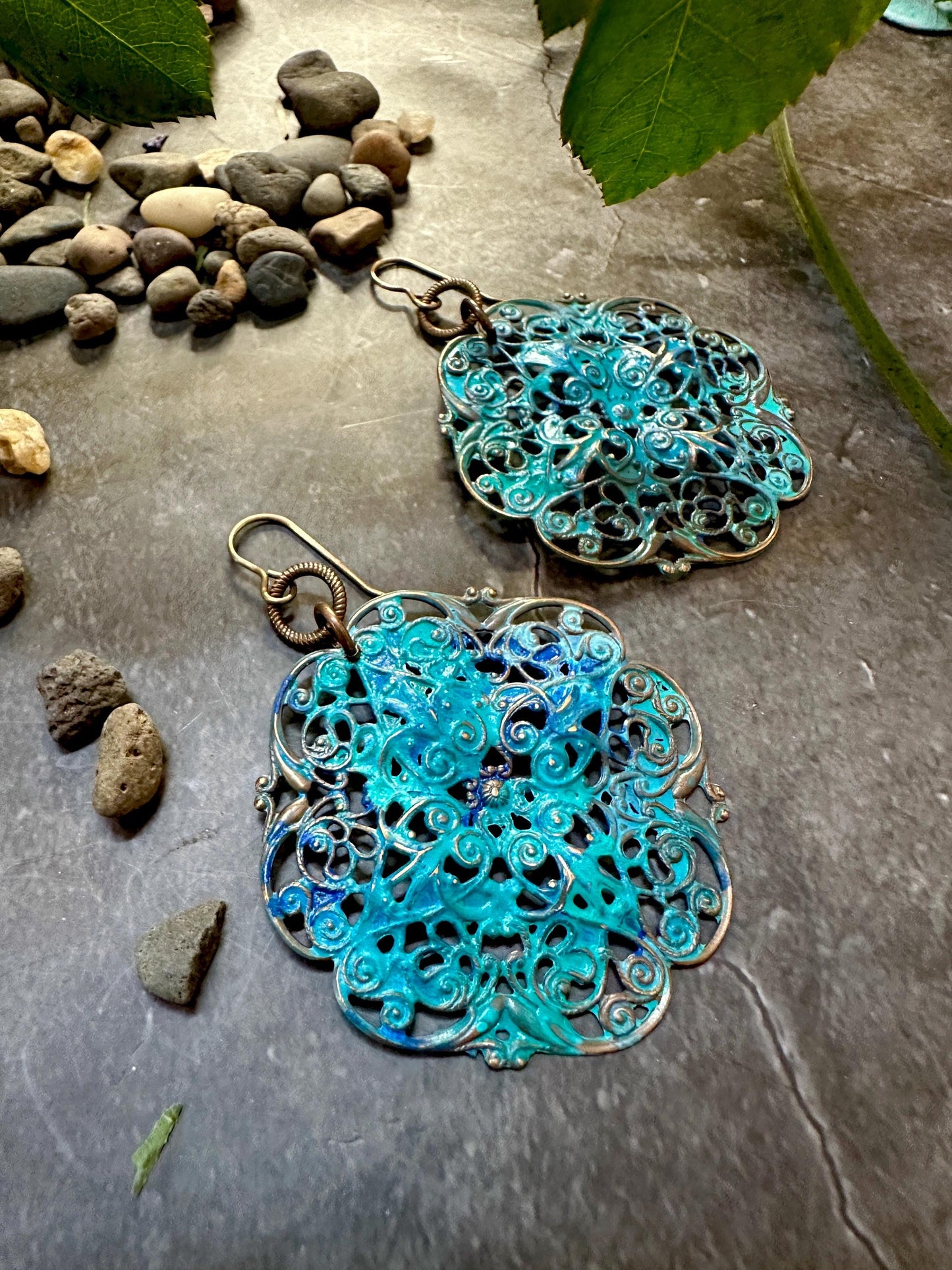 Garden Filigree Earrings- Handmade Solid Brass Hand Patina