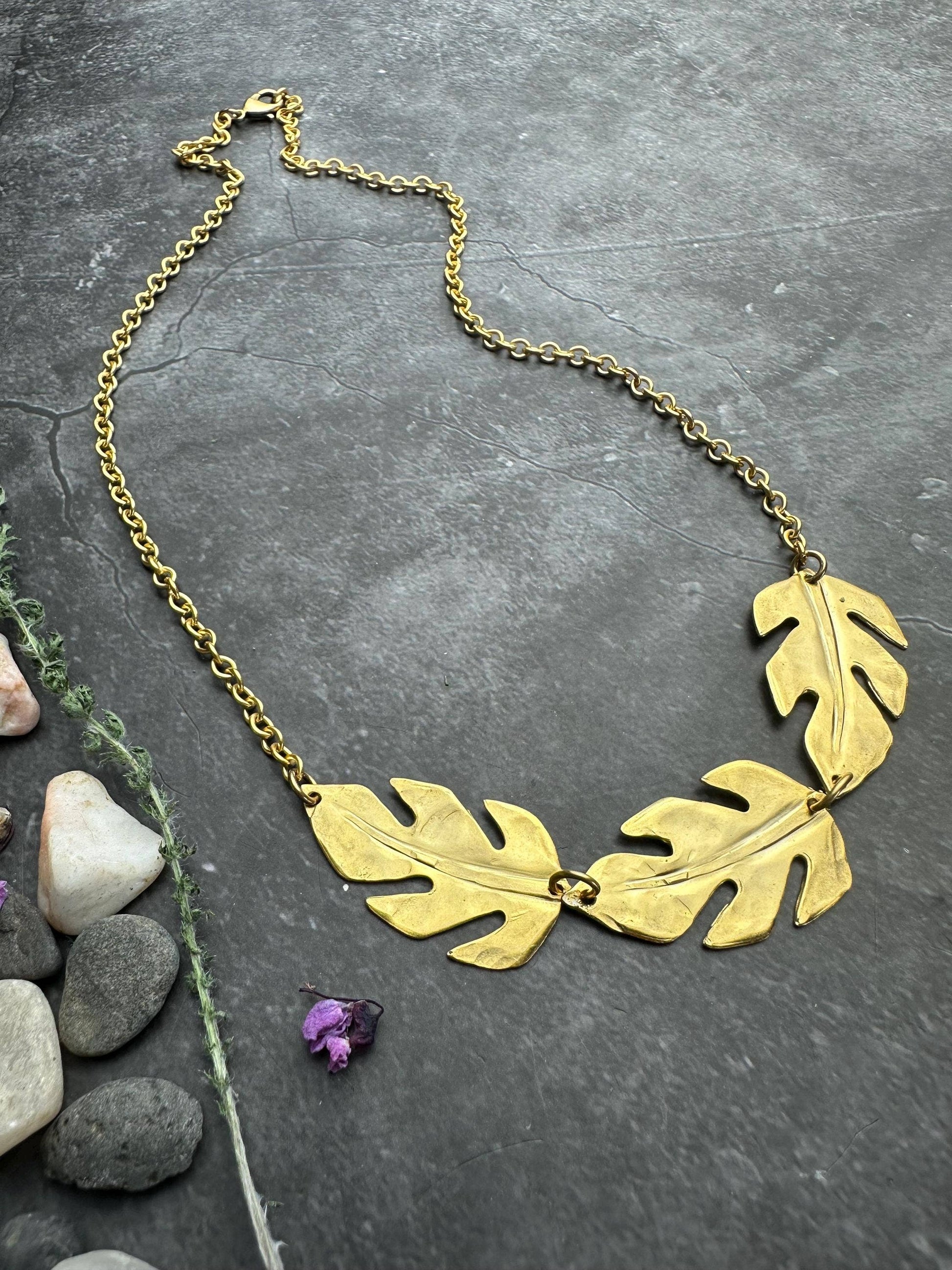 Monstera Leaf Necklace, Botanical Statement , Brass Nature C