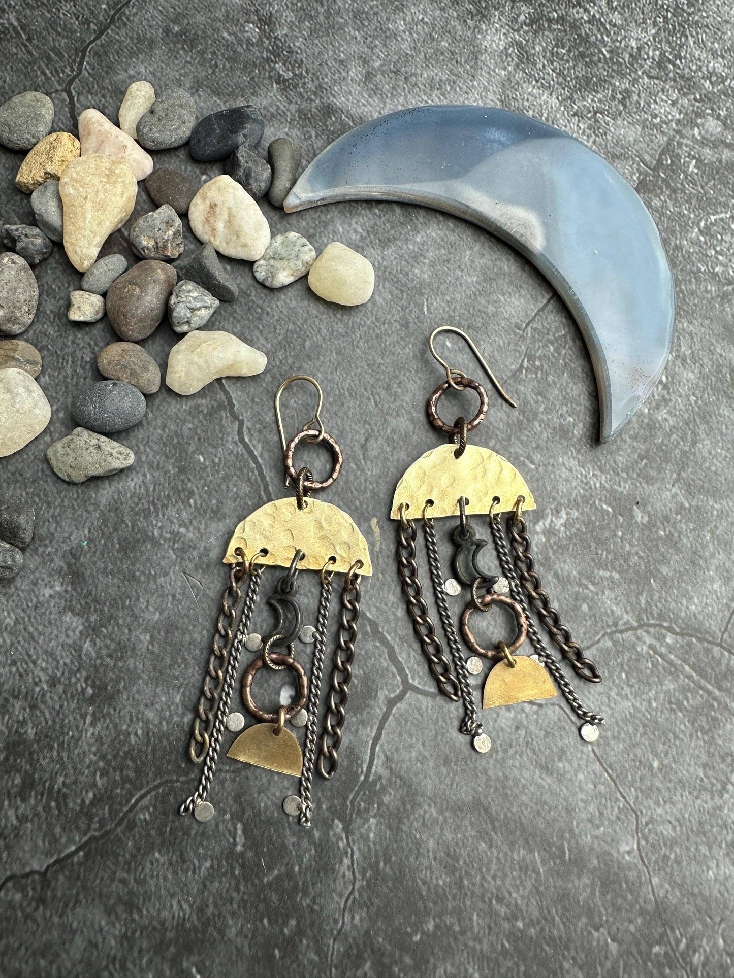 Lunar Landing Earrings- Handmade Hammered Brass & Silver ox