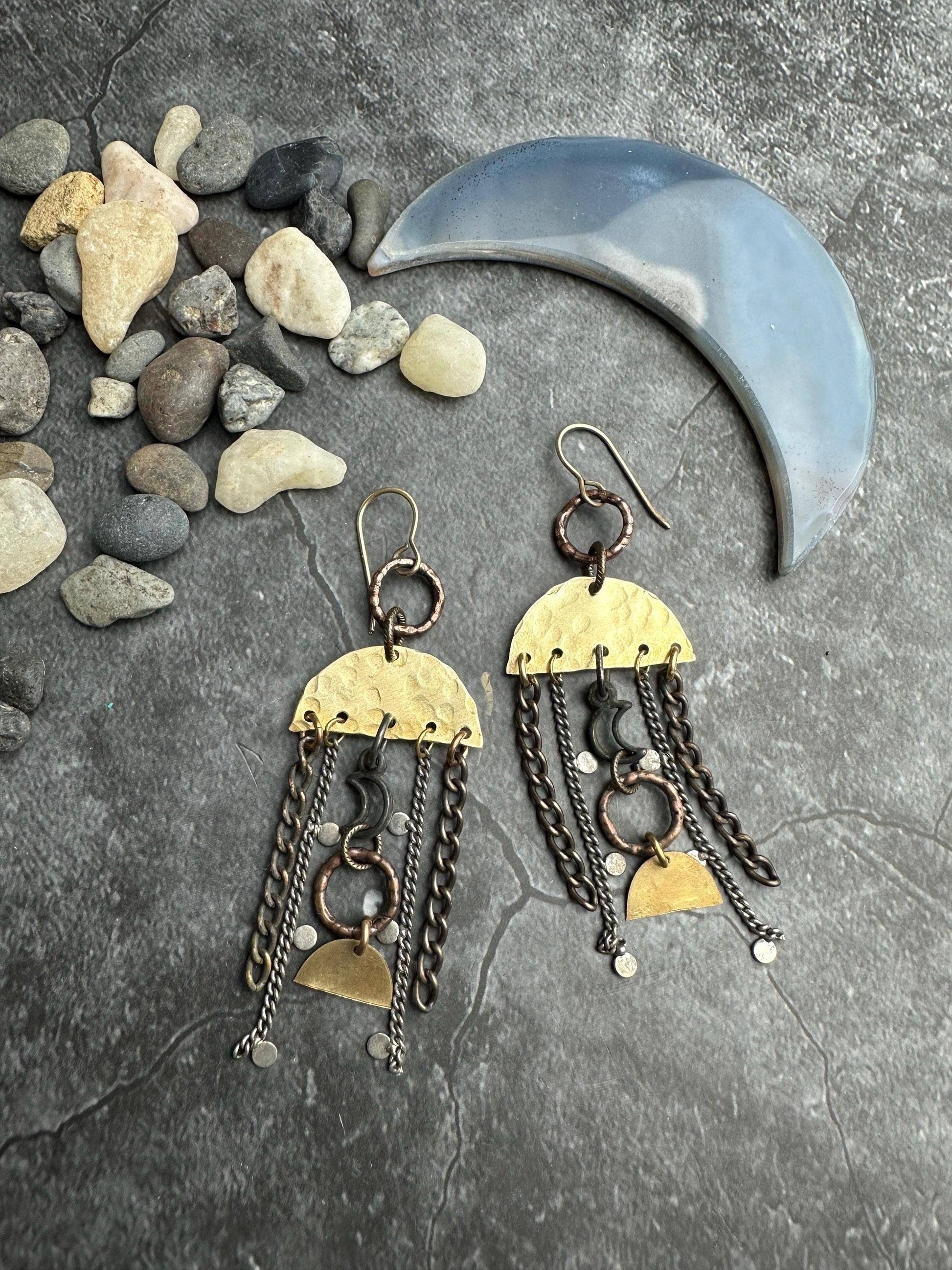Lunar Landing Earrings- Handmade Hammered Brass & Silver ox