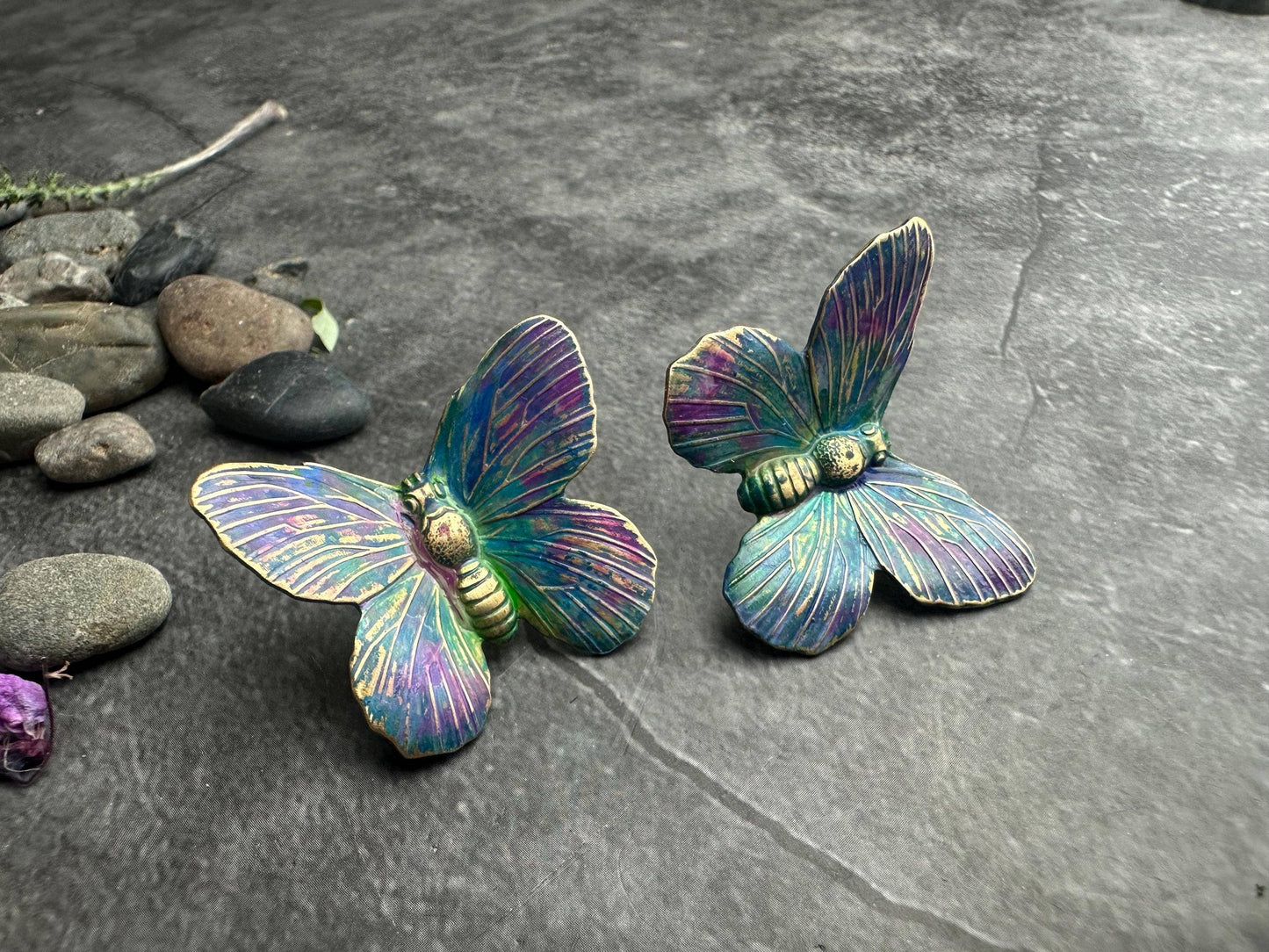 Iridescent Brass Large Butterfly Post Earrings, Color Shift
