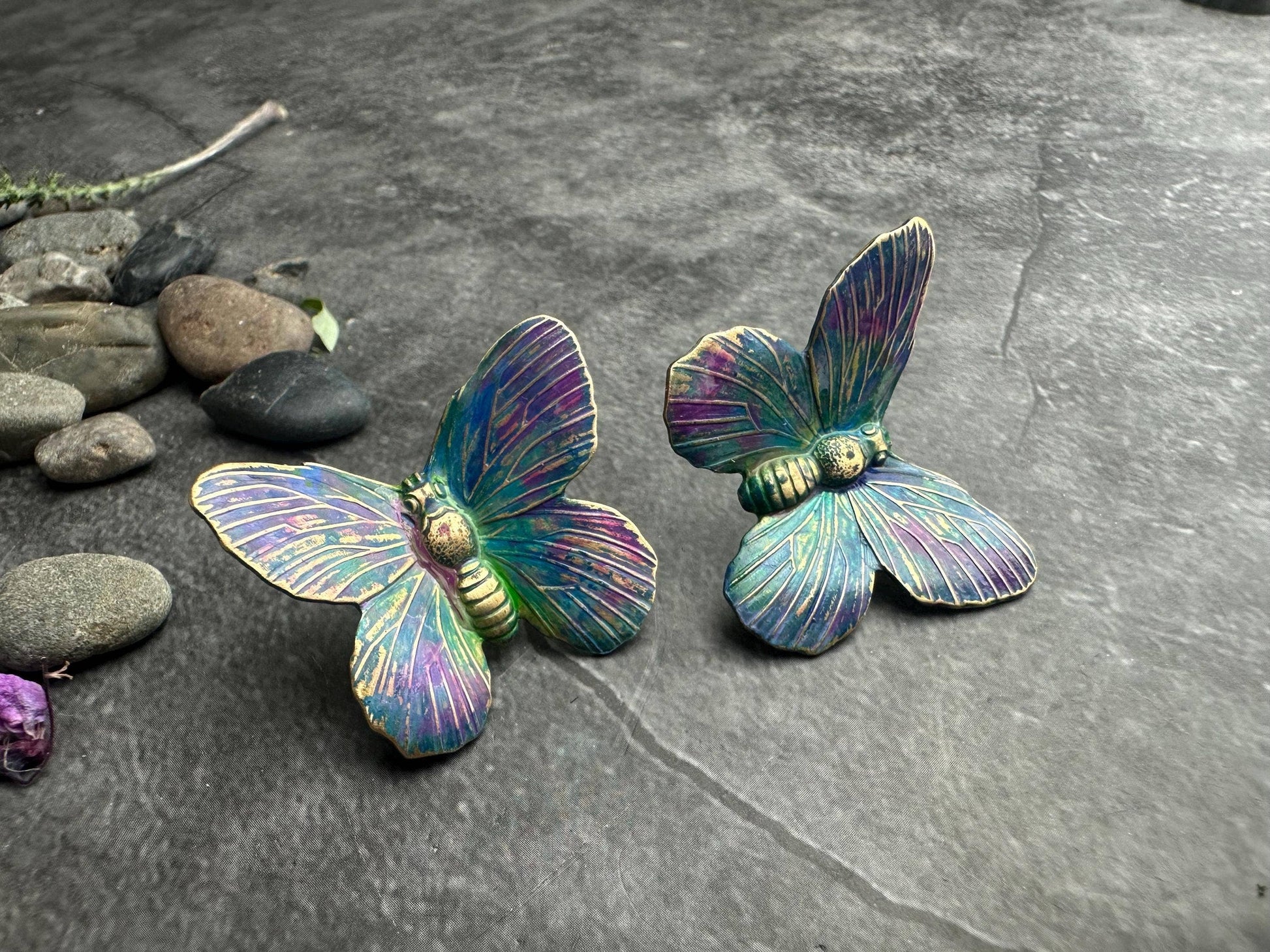 Iridescent Brass Large Butterfly Post Earrings, Color Shift