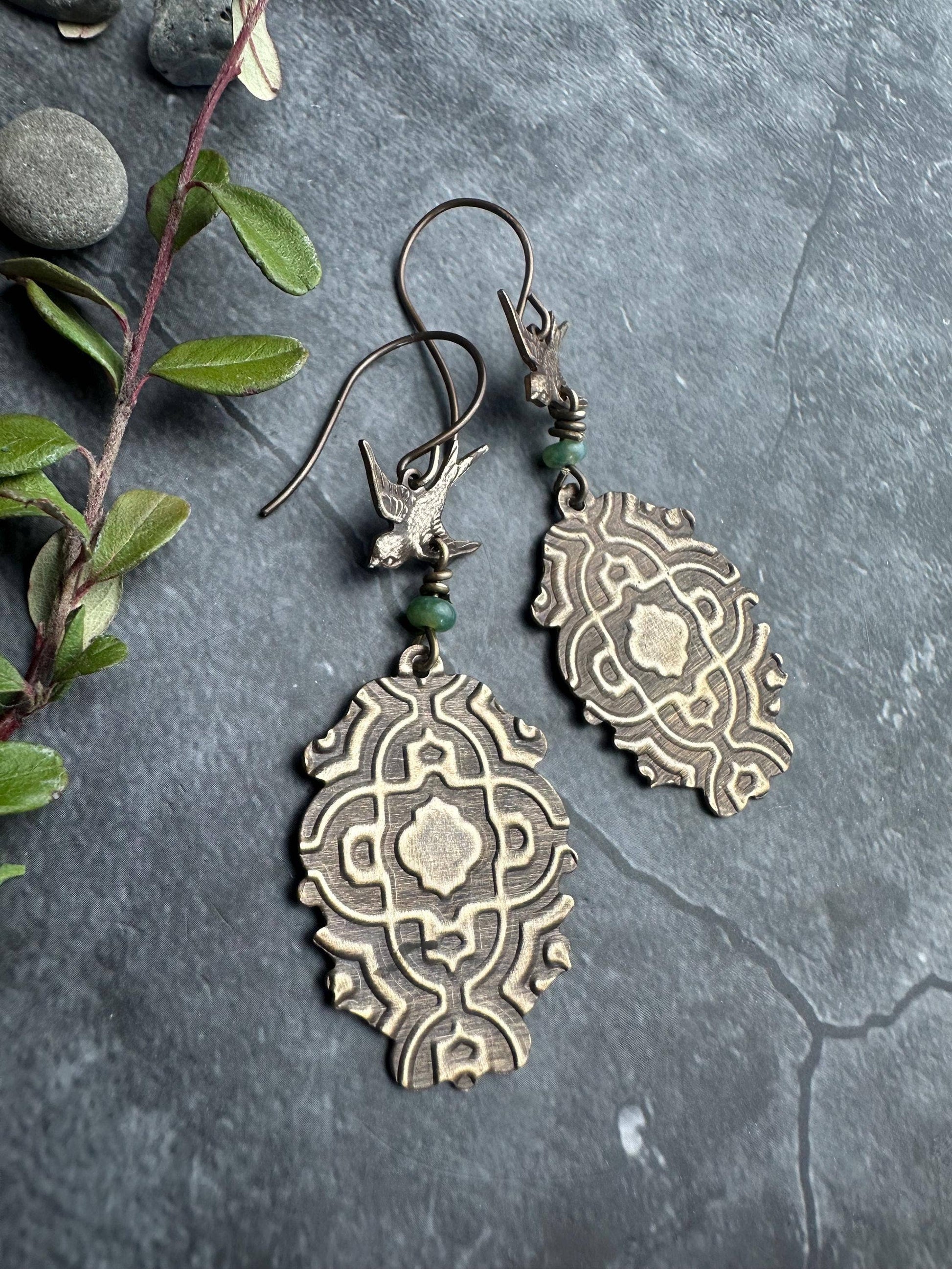 Bird Earrings with Moss Agate