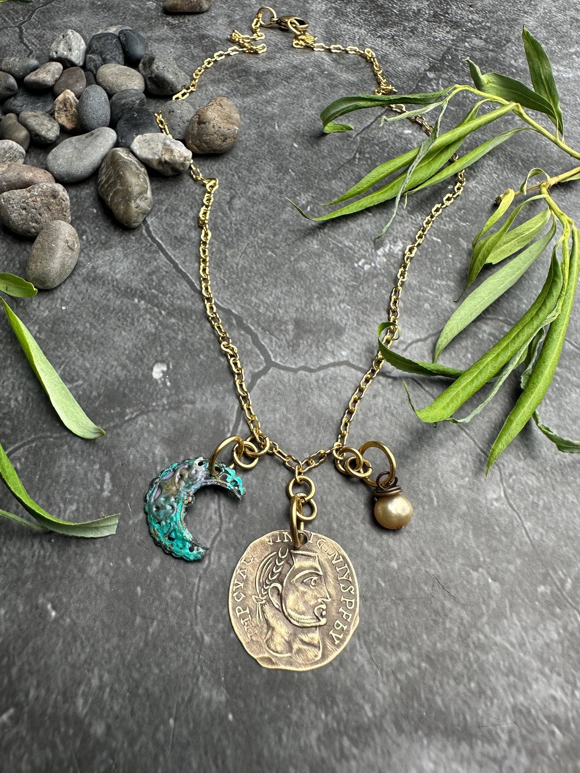 Roman Coin Crescent Necklace