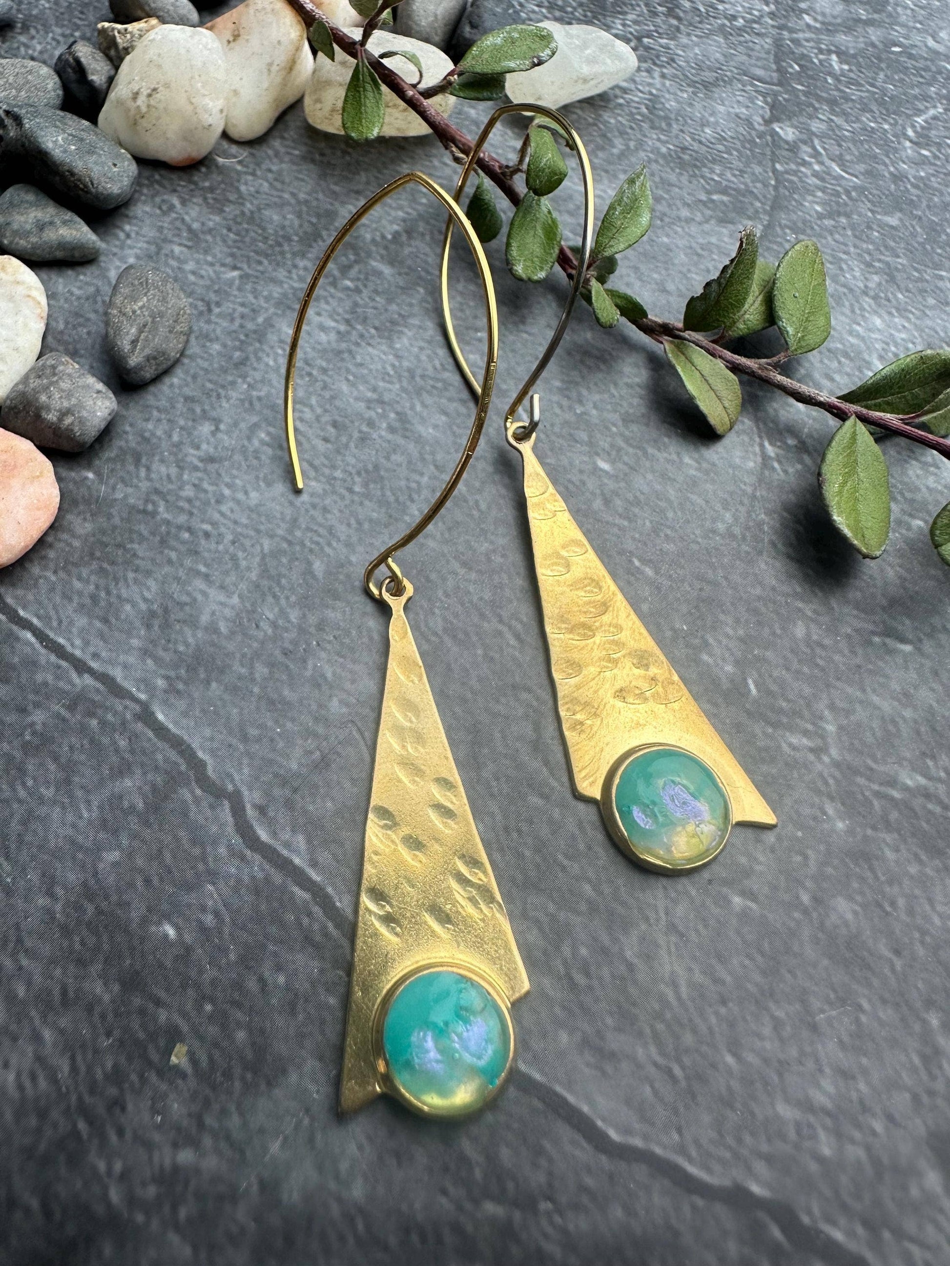 Brass Triangle Earrings with Hand Colored Resin