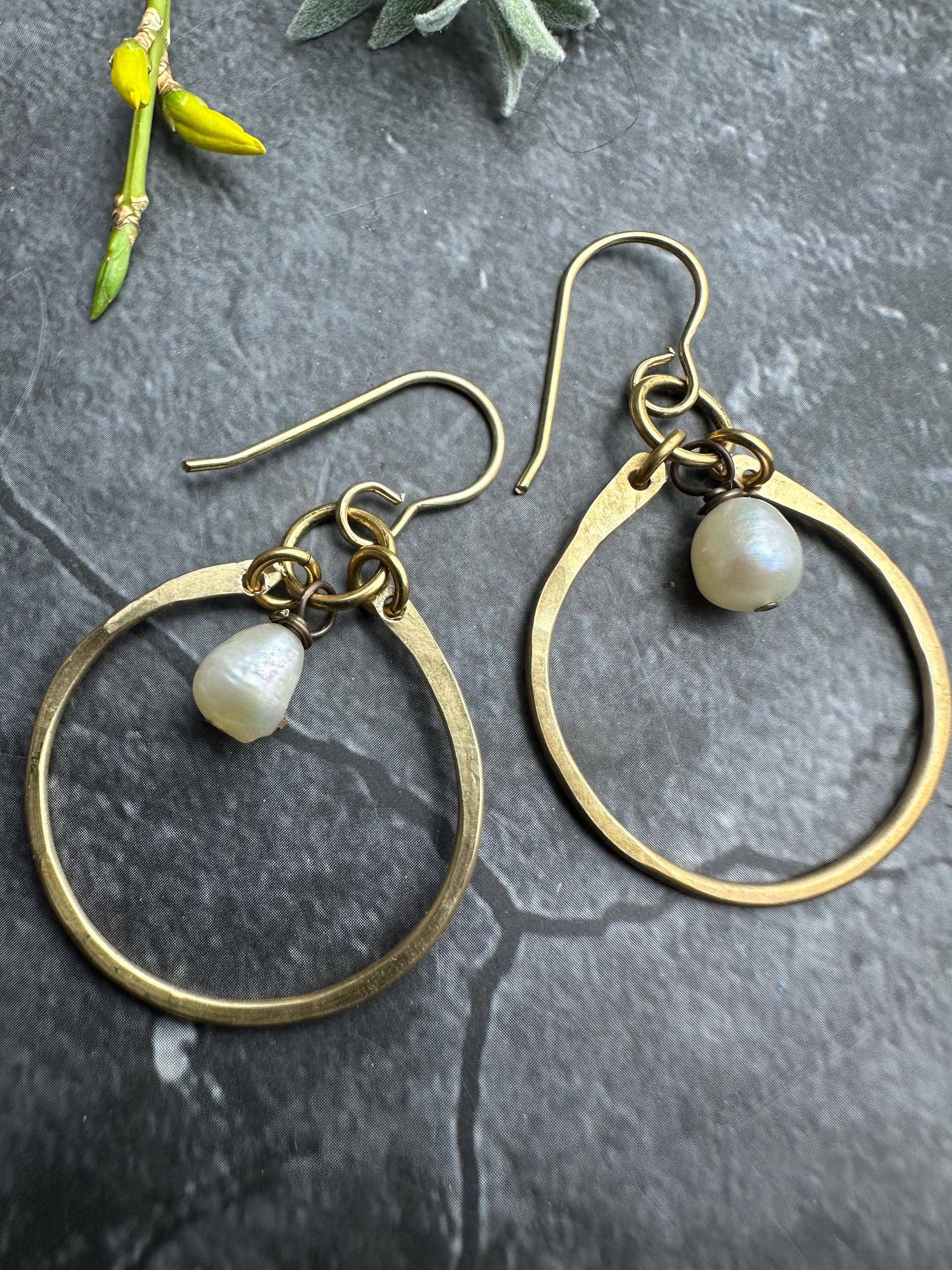 Freshwater Pearl Hoop Earrings - Brass Hoops