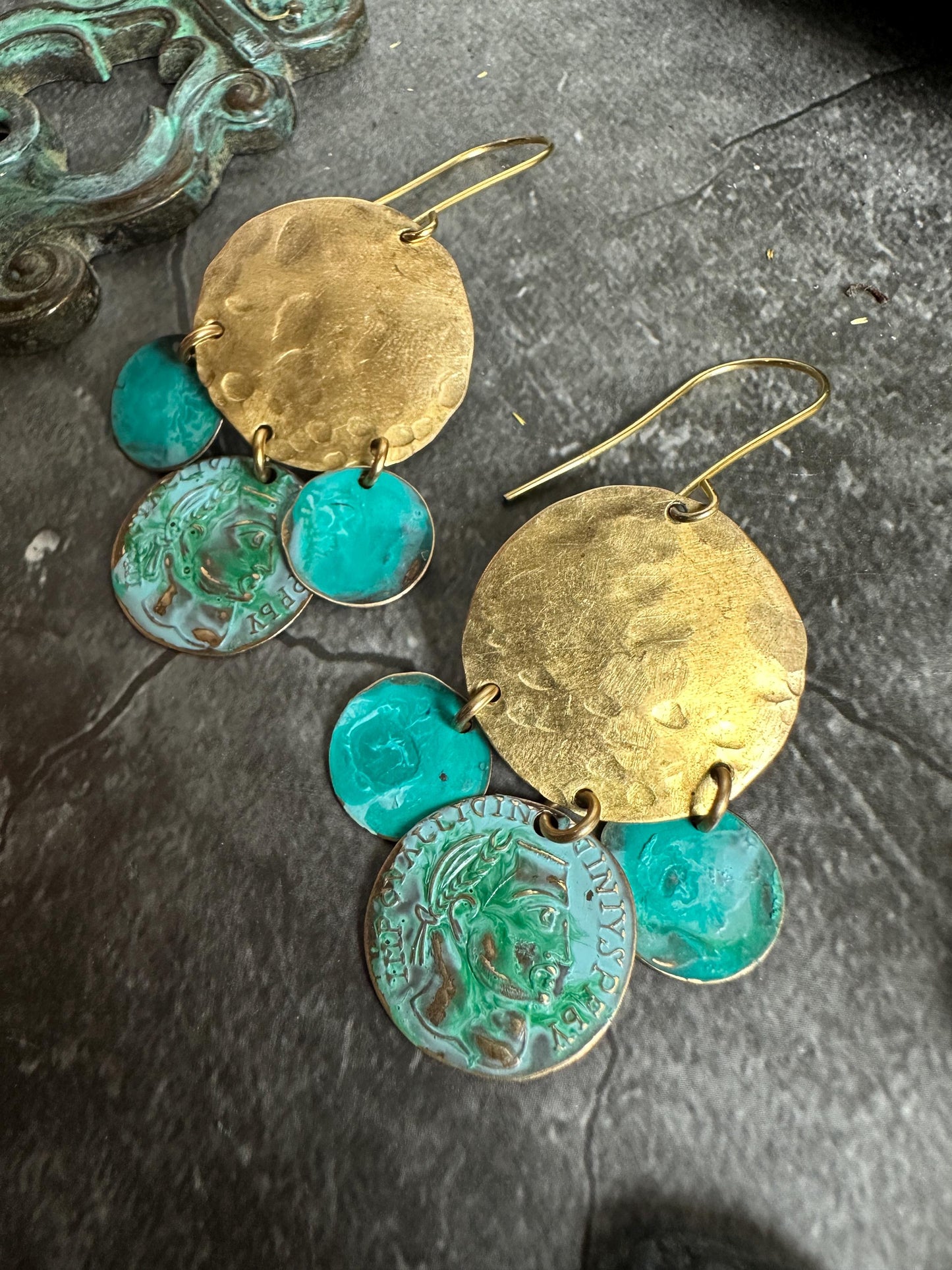 Hammered Coin Earrings- Handmade Solid Beaten Brass Green Blue Patina