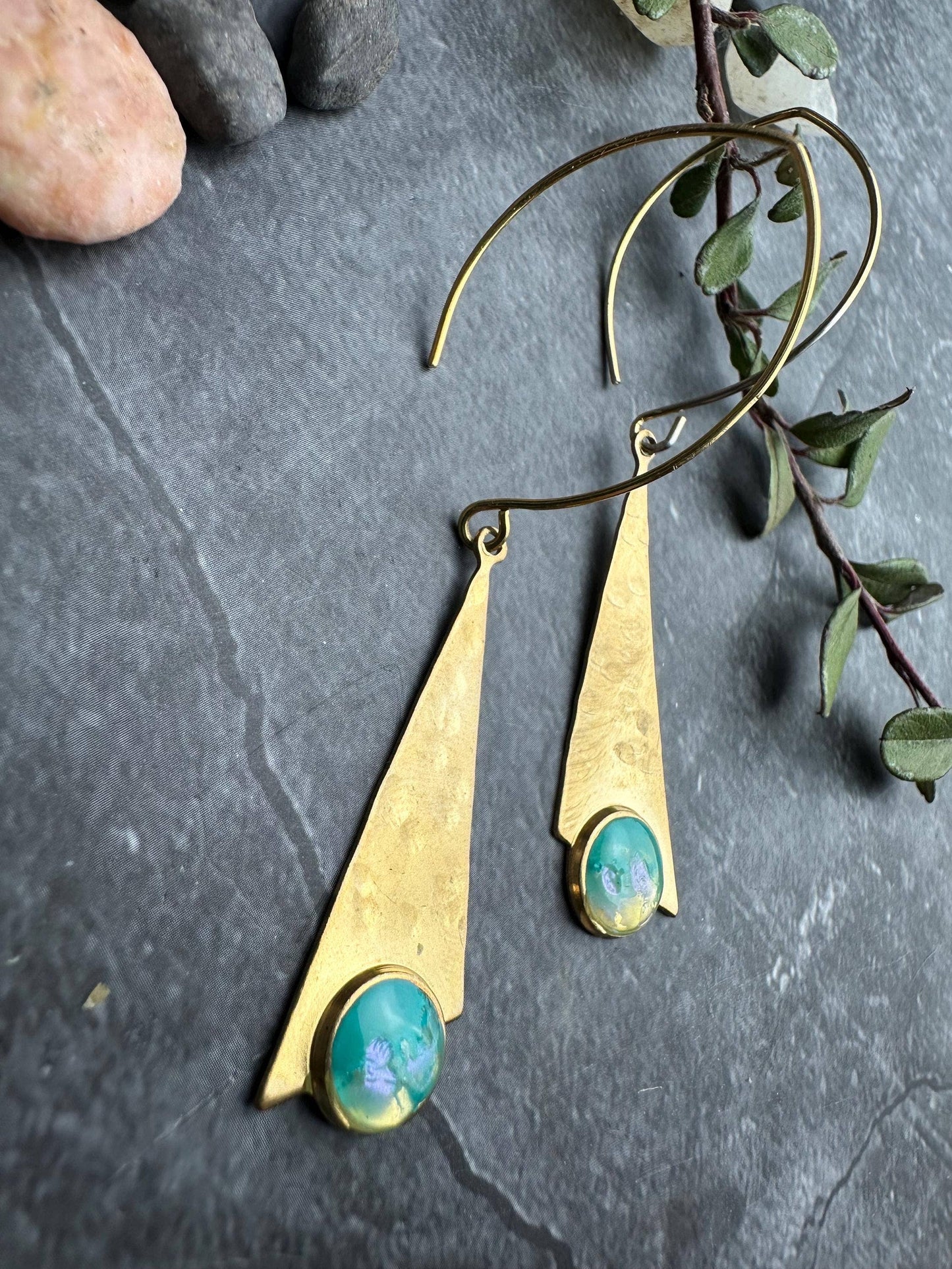 Brass Triangle Earrings with Hand Colored Resin