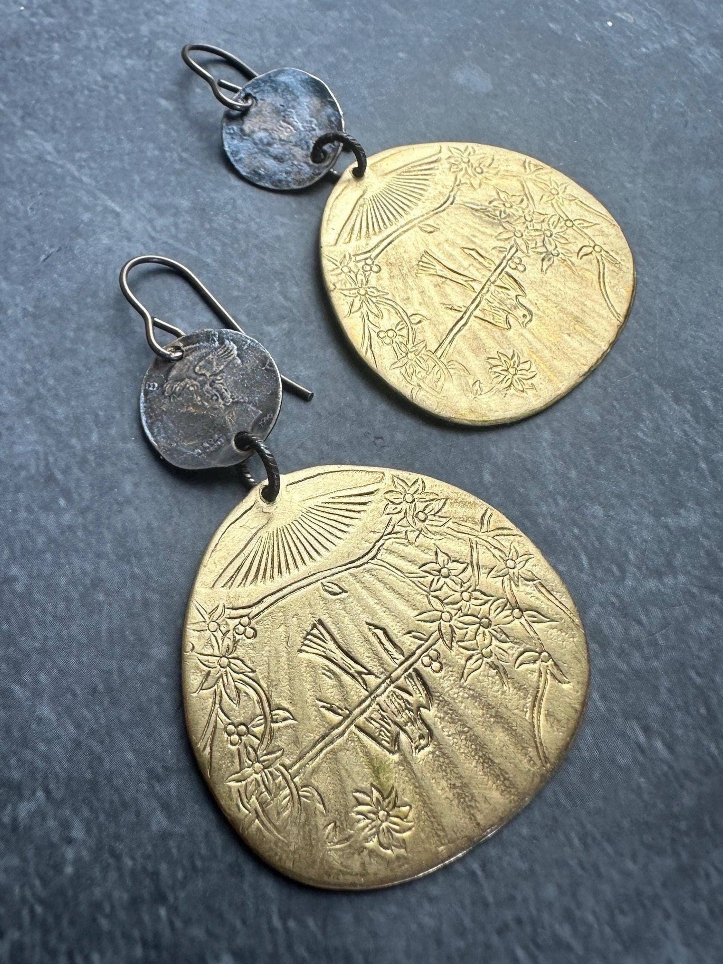 Etched Brass Bird & Fan Earrings - Mixed Metal Dangle