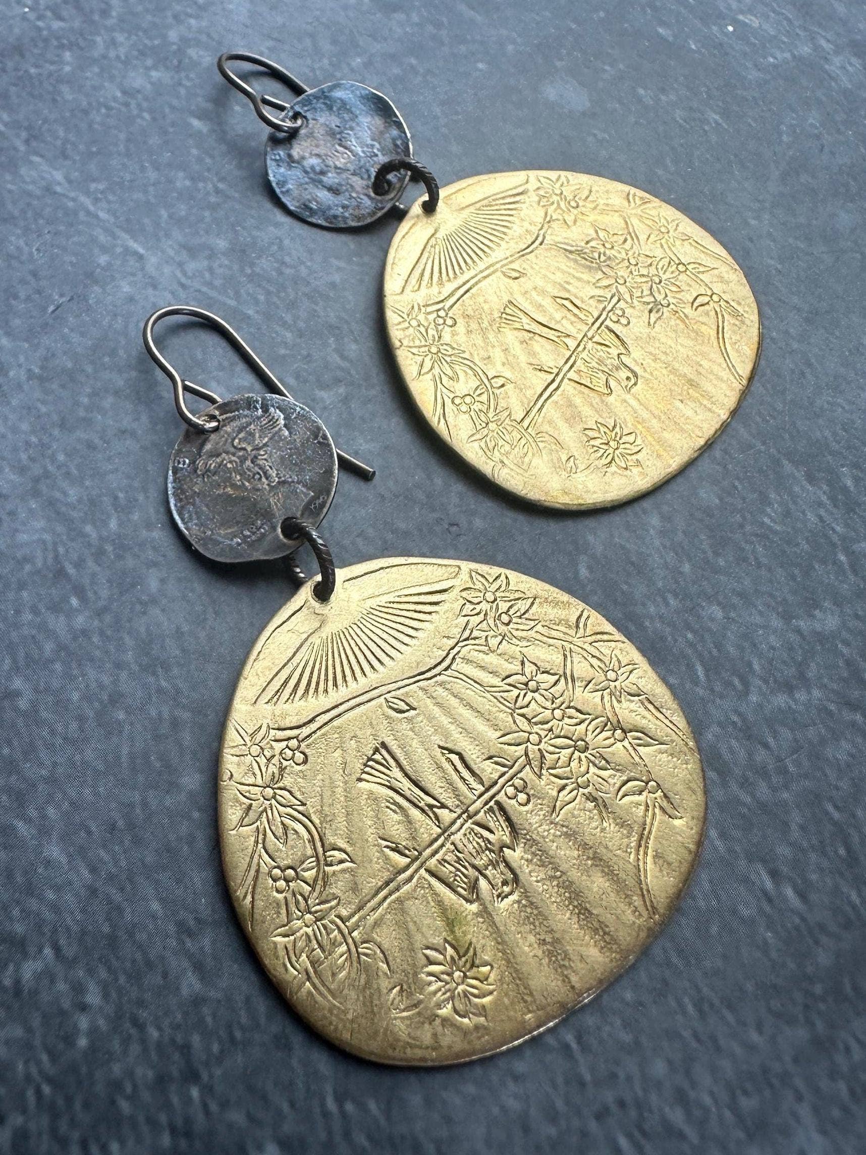 Etched Brass Bird & Fan Earrings - Mixed Metal Dangle