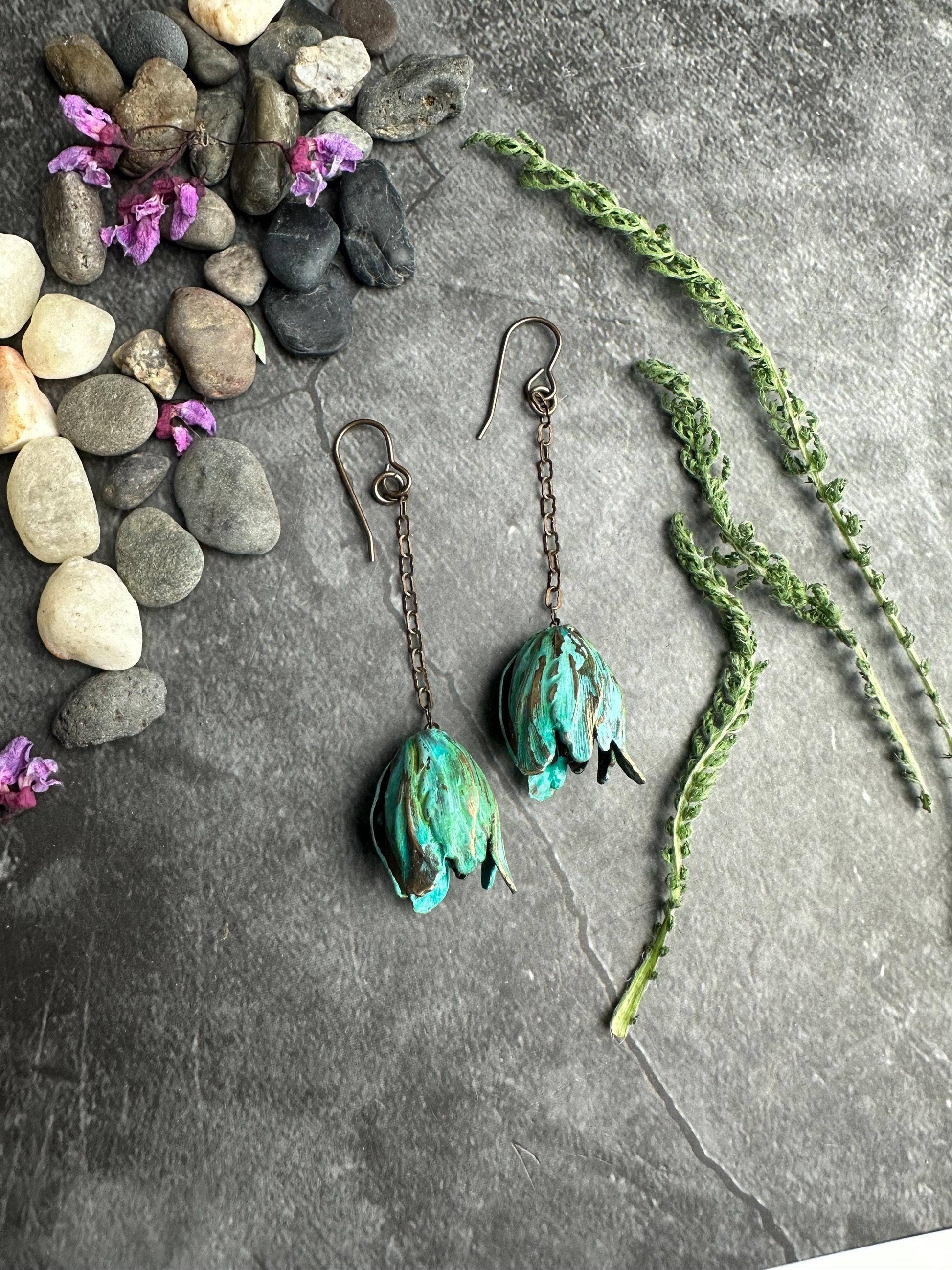 Verdigris Flower Drop Earrings
