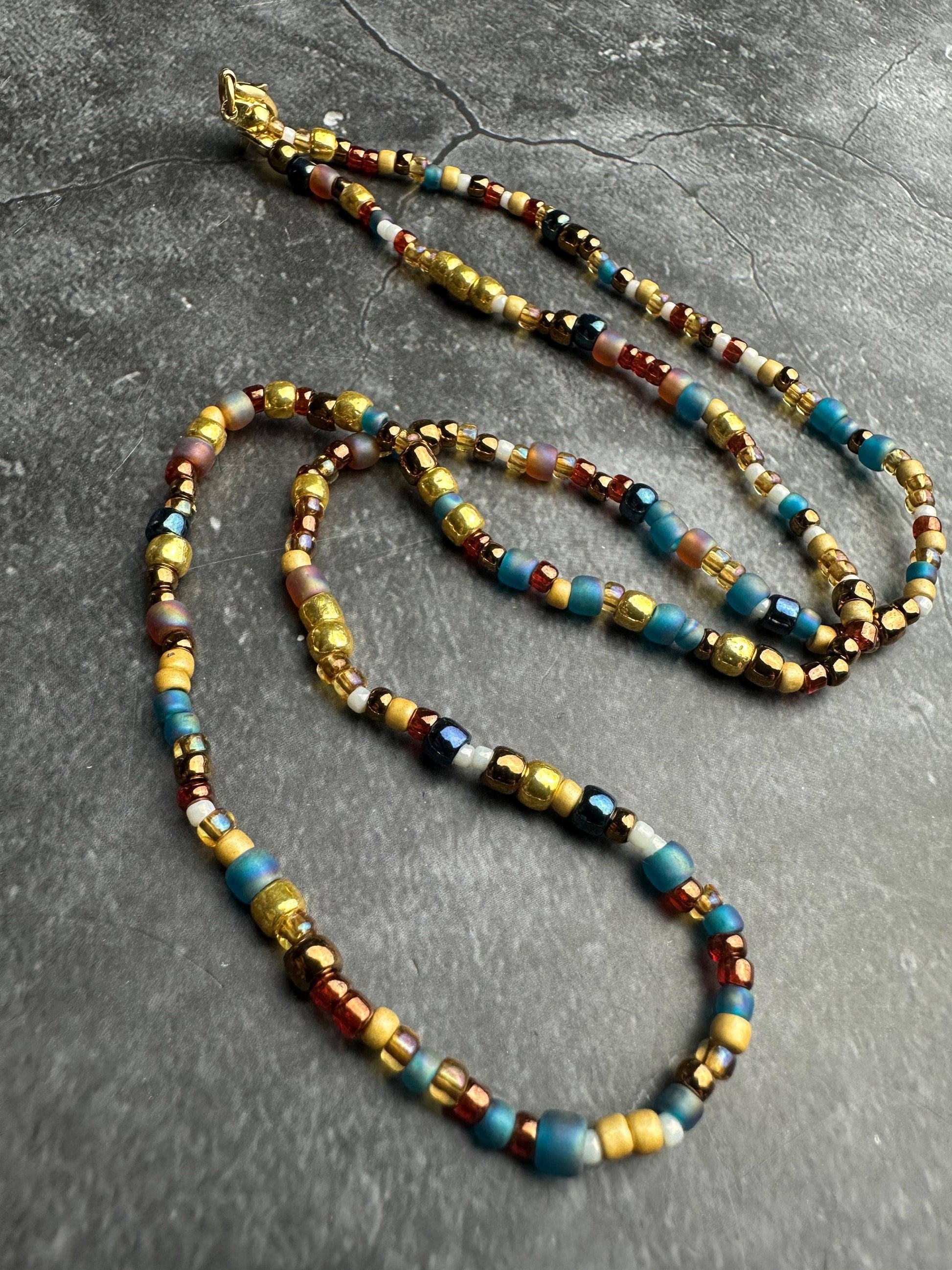 Seed Bead Necklace - Gold Blue Layering Necklace