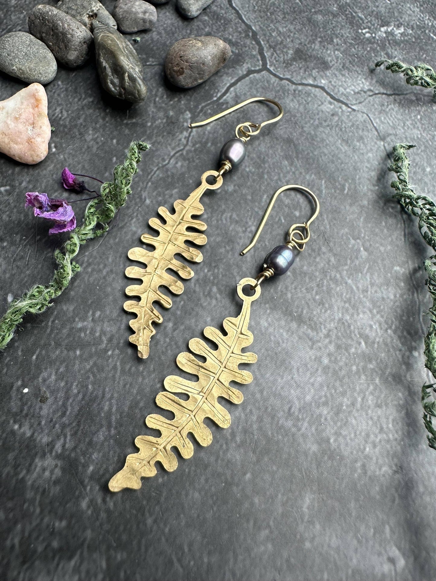 Fern Leaf Dangle Earrings, Hammered Brass, Pearl Botanical