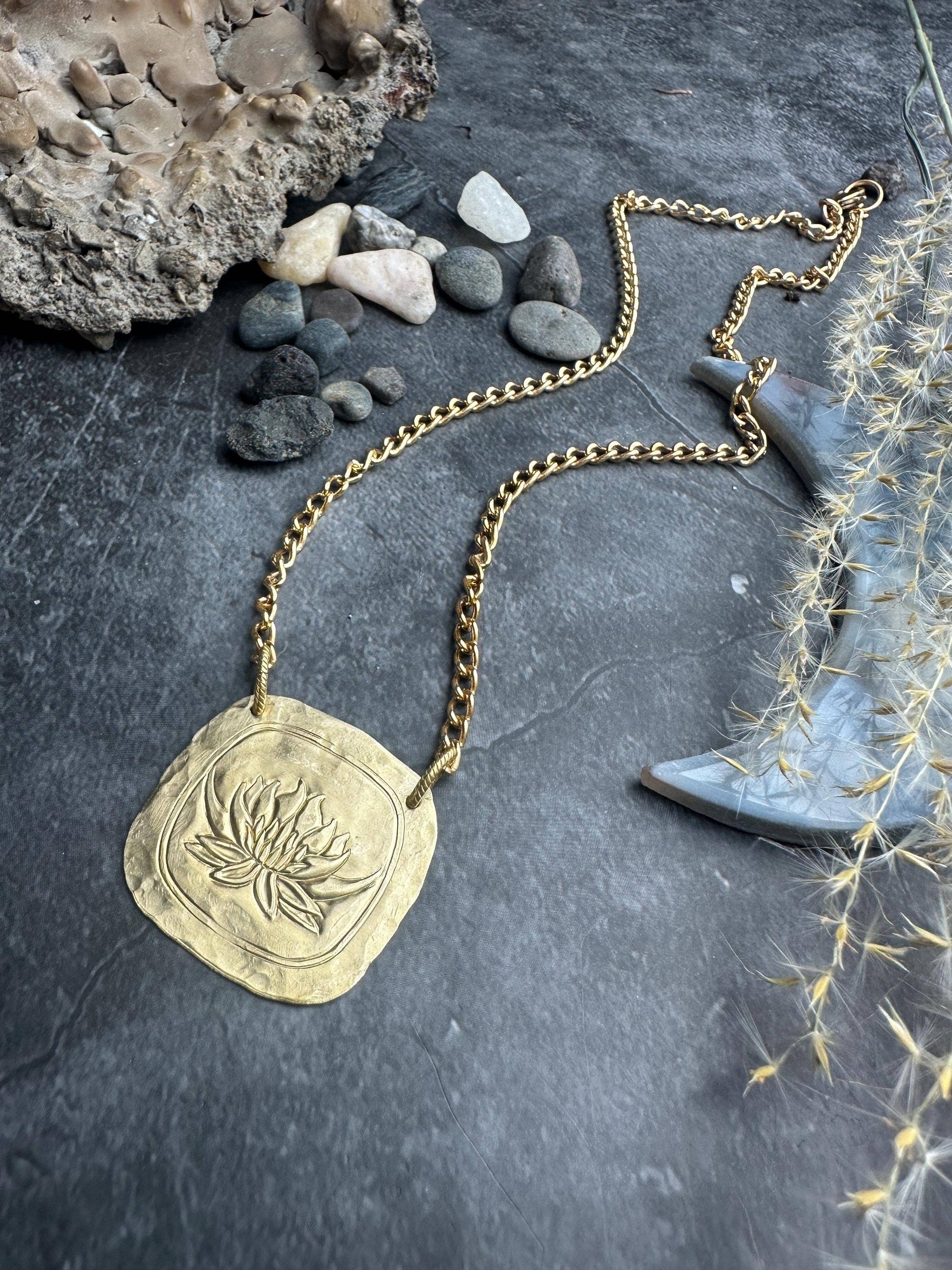 Lotus Geometric Square Pendant Necklace - Solid Brass