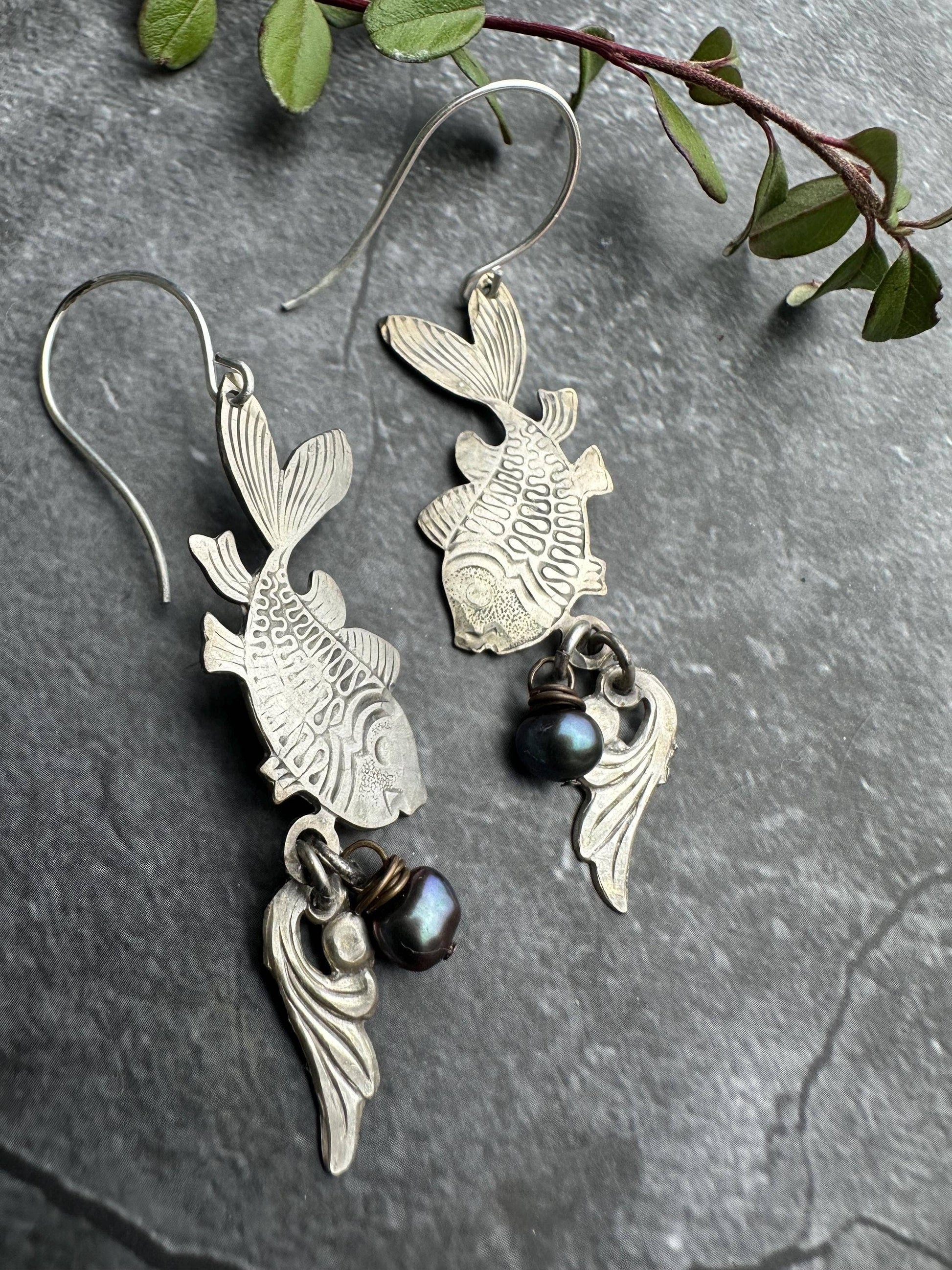 Silver Fish Earrings with Freshwater Pearl