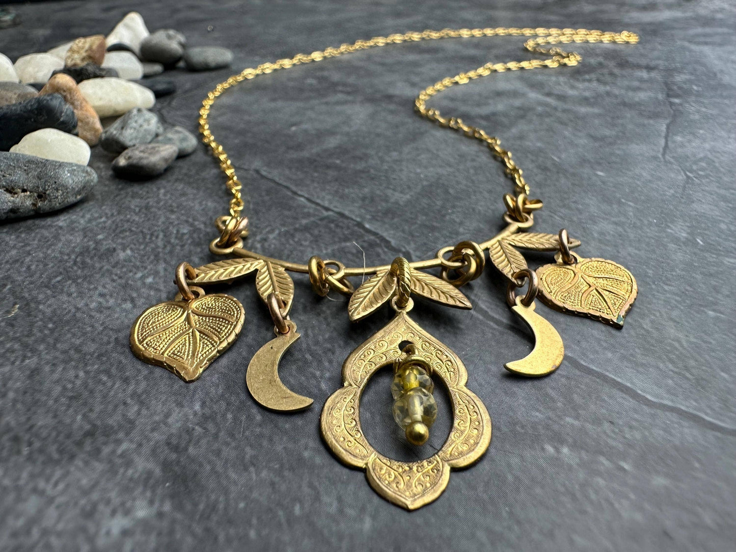 Brass & Citrine Charm Cluster Necklace