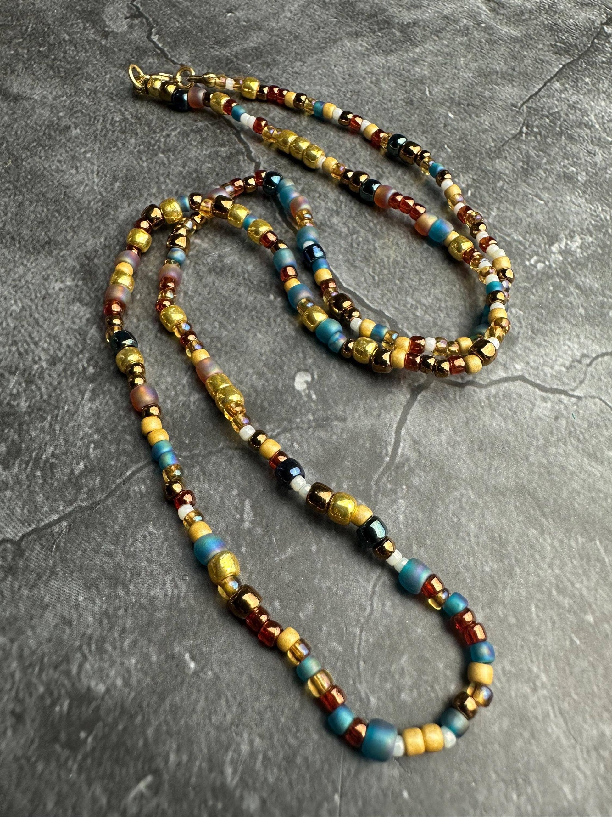 Seed Bead Necklace - Gold Blue Layering Necklace