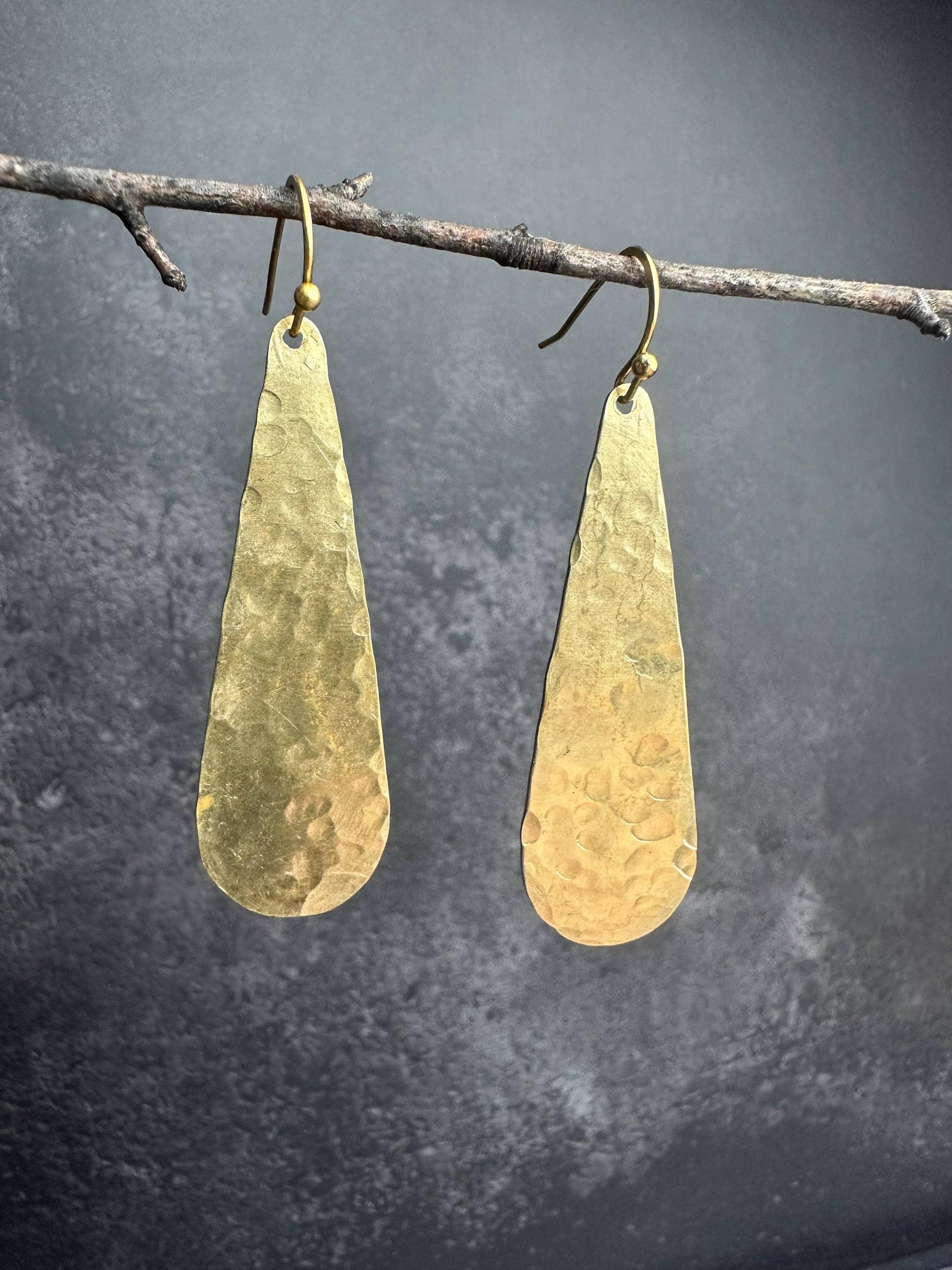 Long Hammered Brass Teardrop Earrings