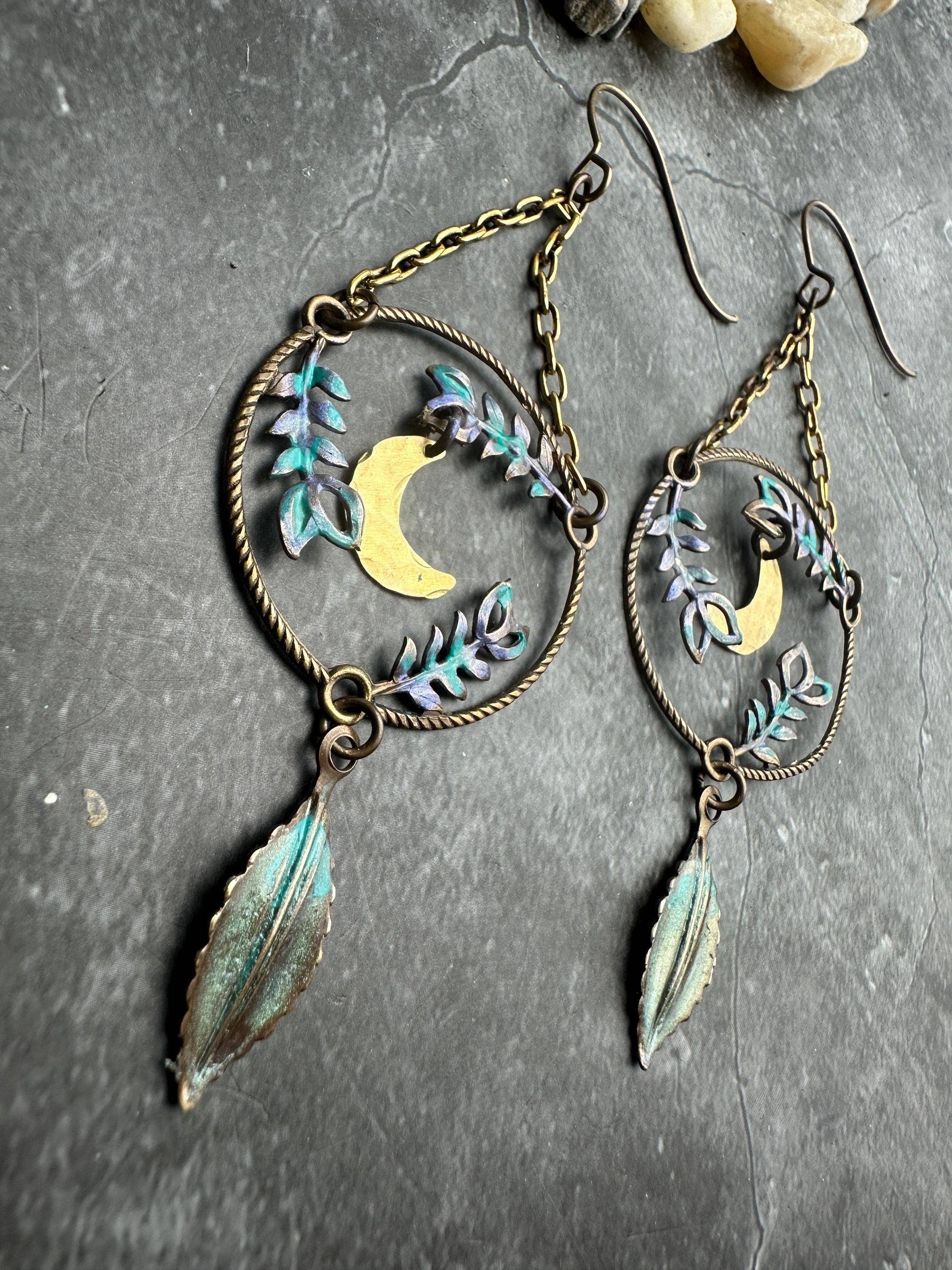 Fern Forest Moon Earrings - Iridescent Patina Brass