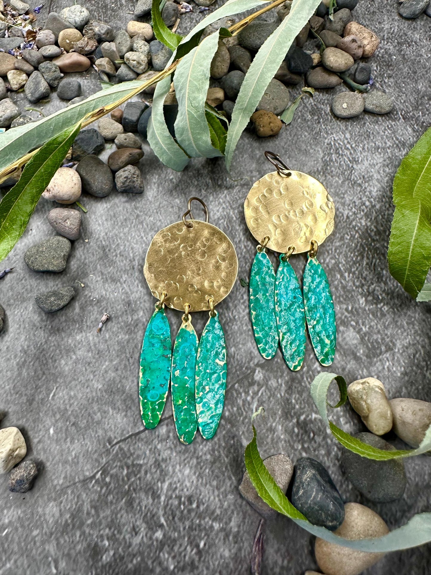 Rain Goddess Earrings - Handmade Solid Beaten Brass Hand Patina
