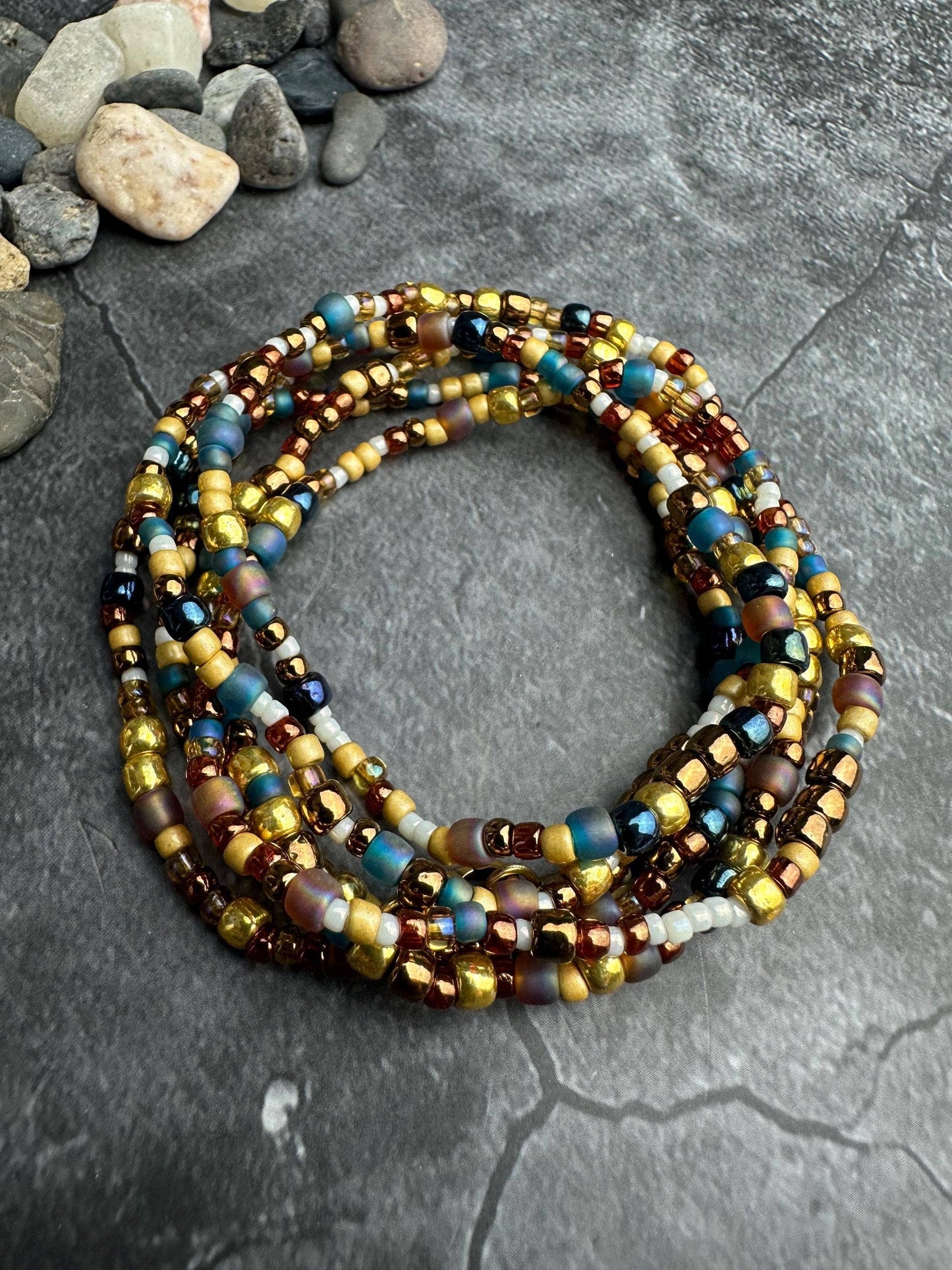 Seed Bead Wrap Bracelet - Blue Gold Layering Bracelet