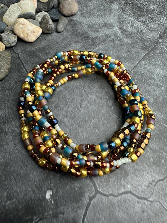 Seed Bead Wrap Bracelet - Blue Gold Layering Bracelet